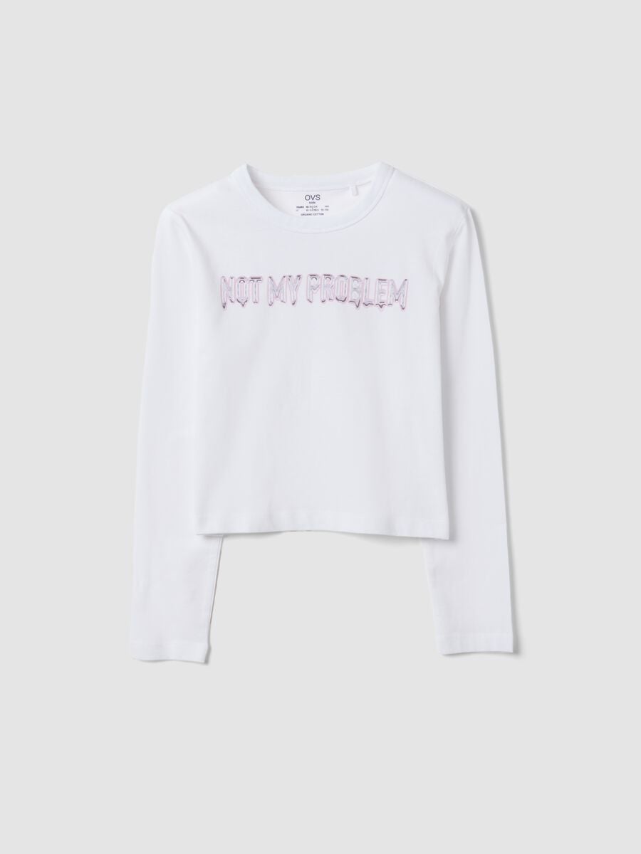 White organic cotton cropped T-shirt with ribbed neckline for girls_0