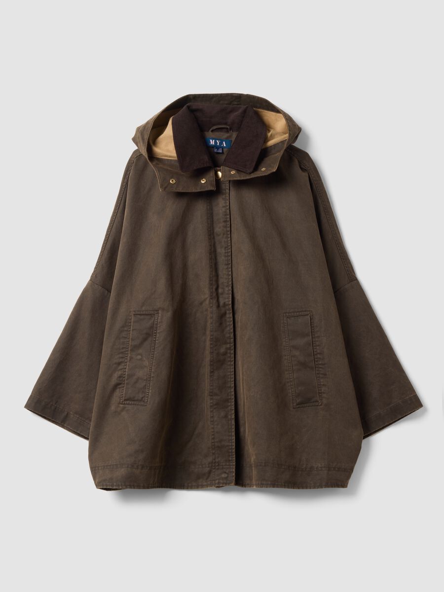 Giacca marrone con cappuccio in misto cotone over fit con colletto a contrasto_0