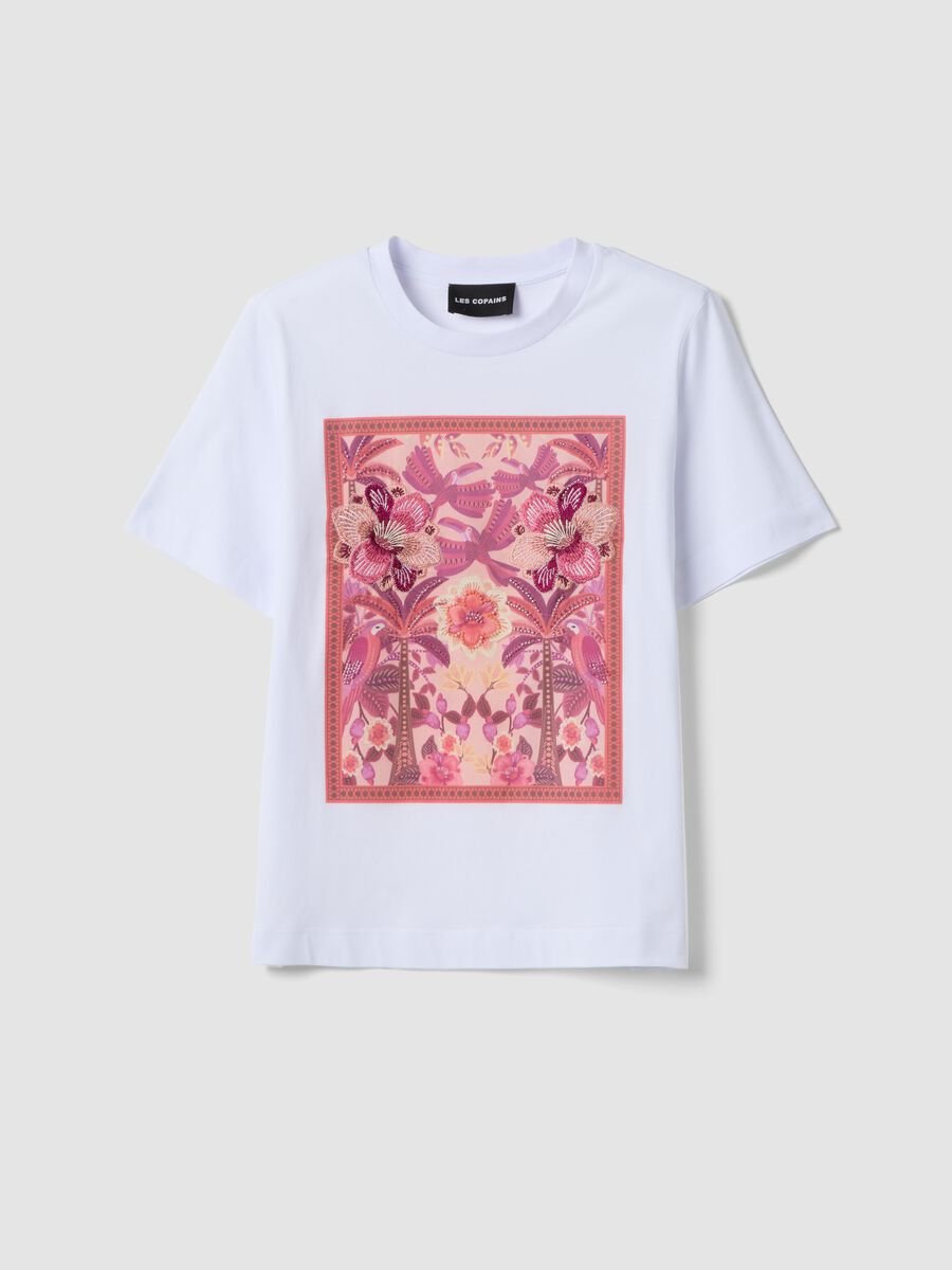 White pure cotton T-shirt with floral print_0
