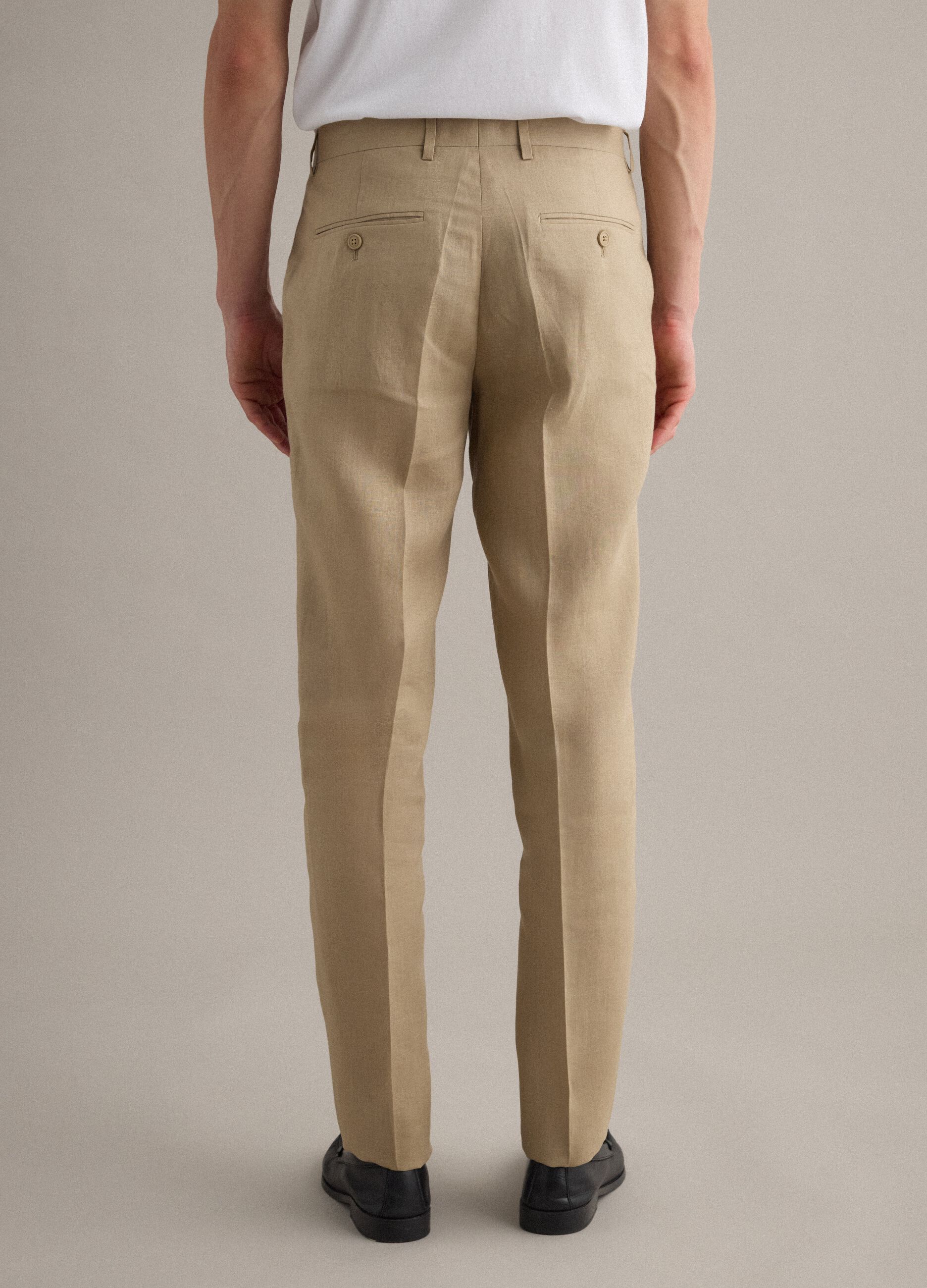 Beige slim-fit pure linen trousers