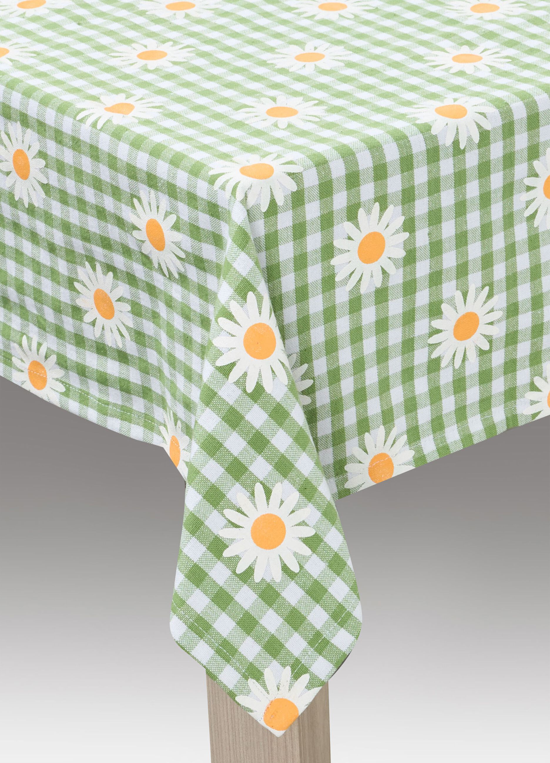8-seater tablecloth in cotton with check motif and flowers