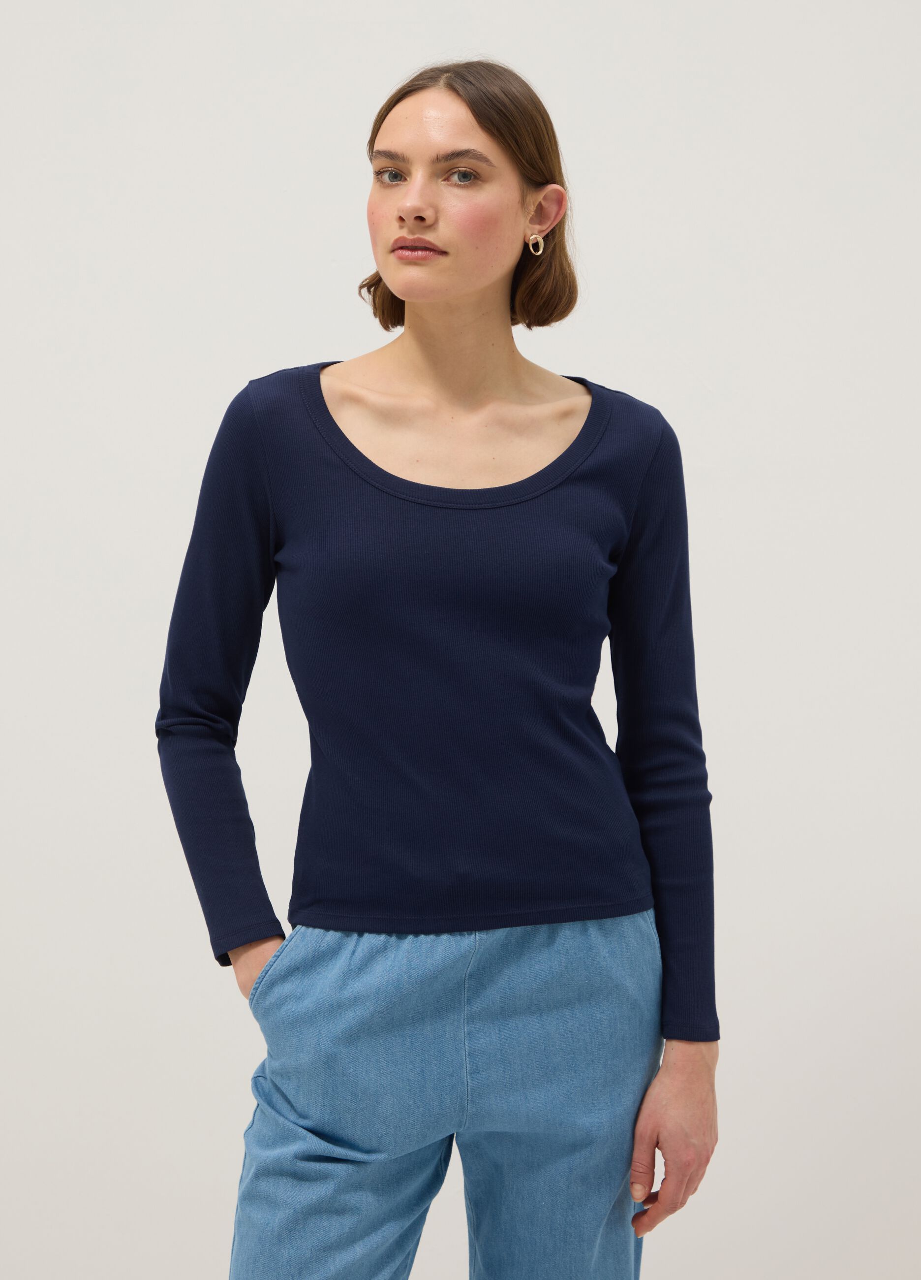 Blue long sleeve pure cotton t-shirt regular fit