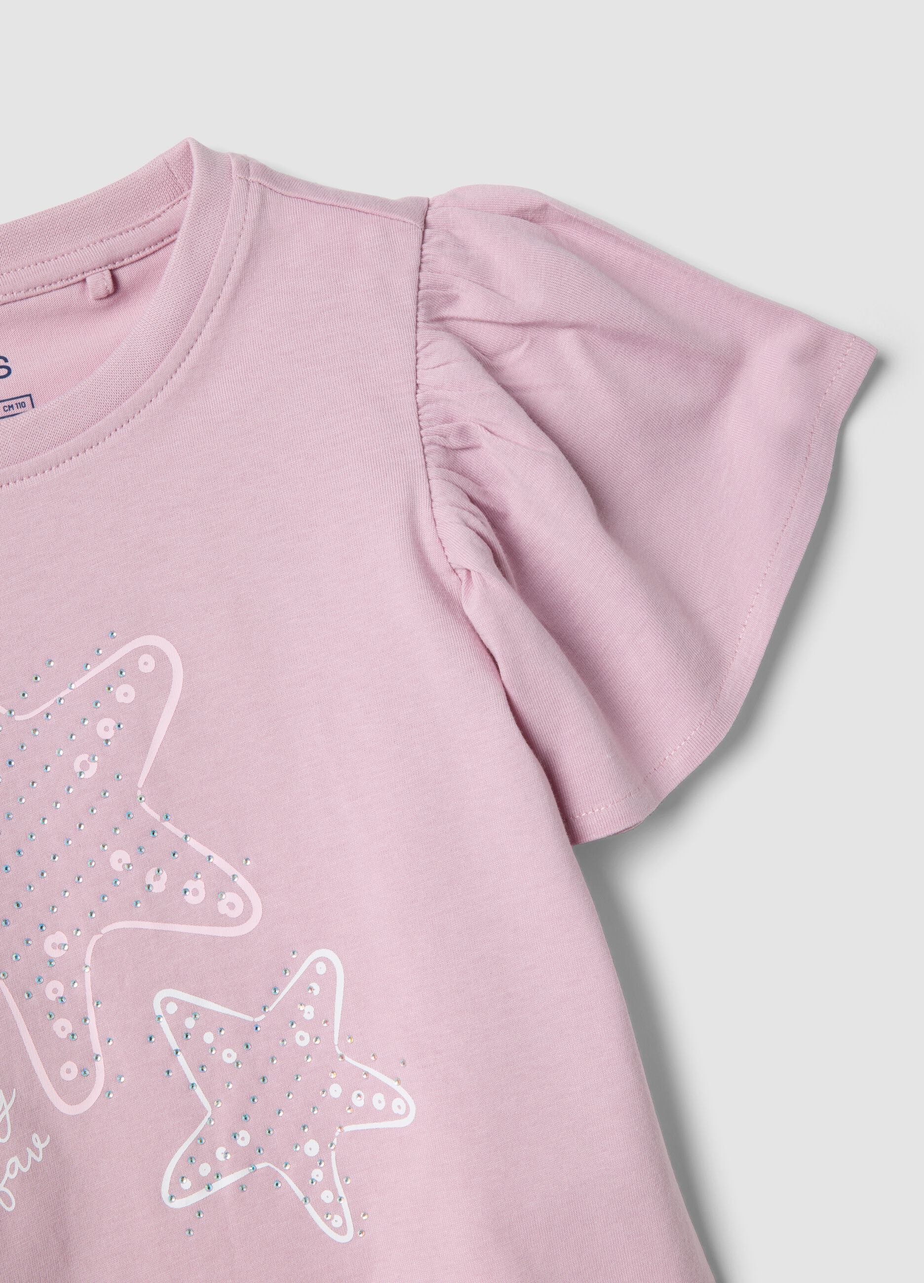 Girls&rsquo; pink pure cotton T-shirt with frill sleeves and rhinestones