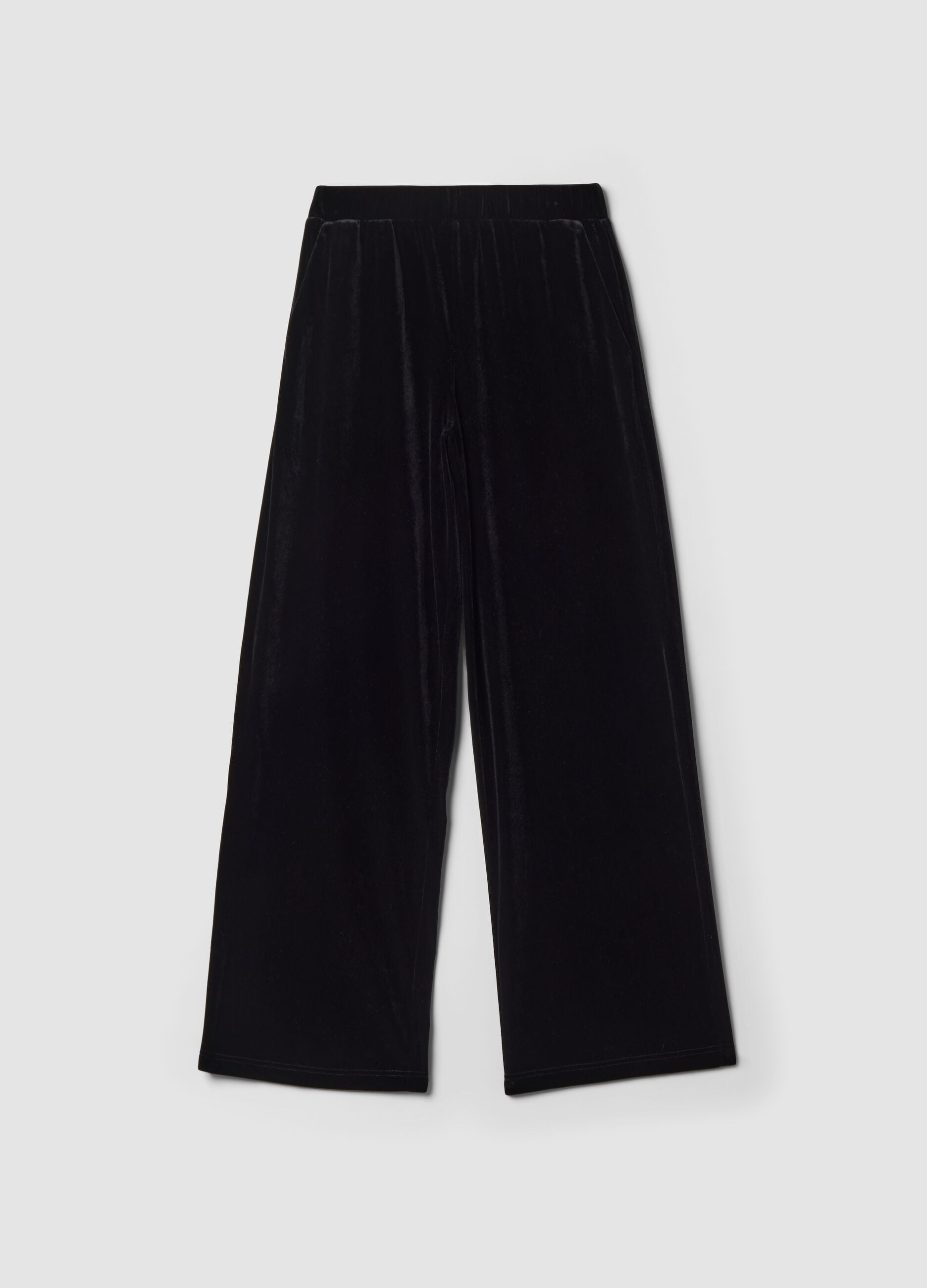 Pantaloni neri wide leg in tessuto velour elasticizzato