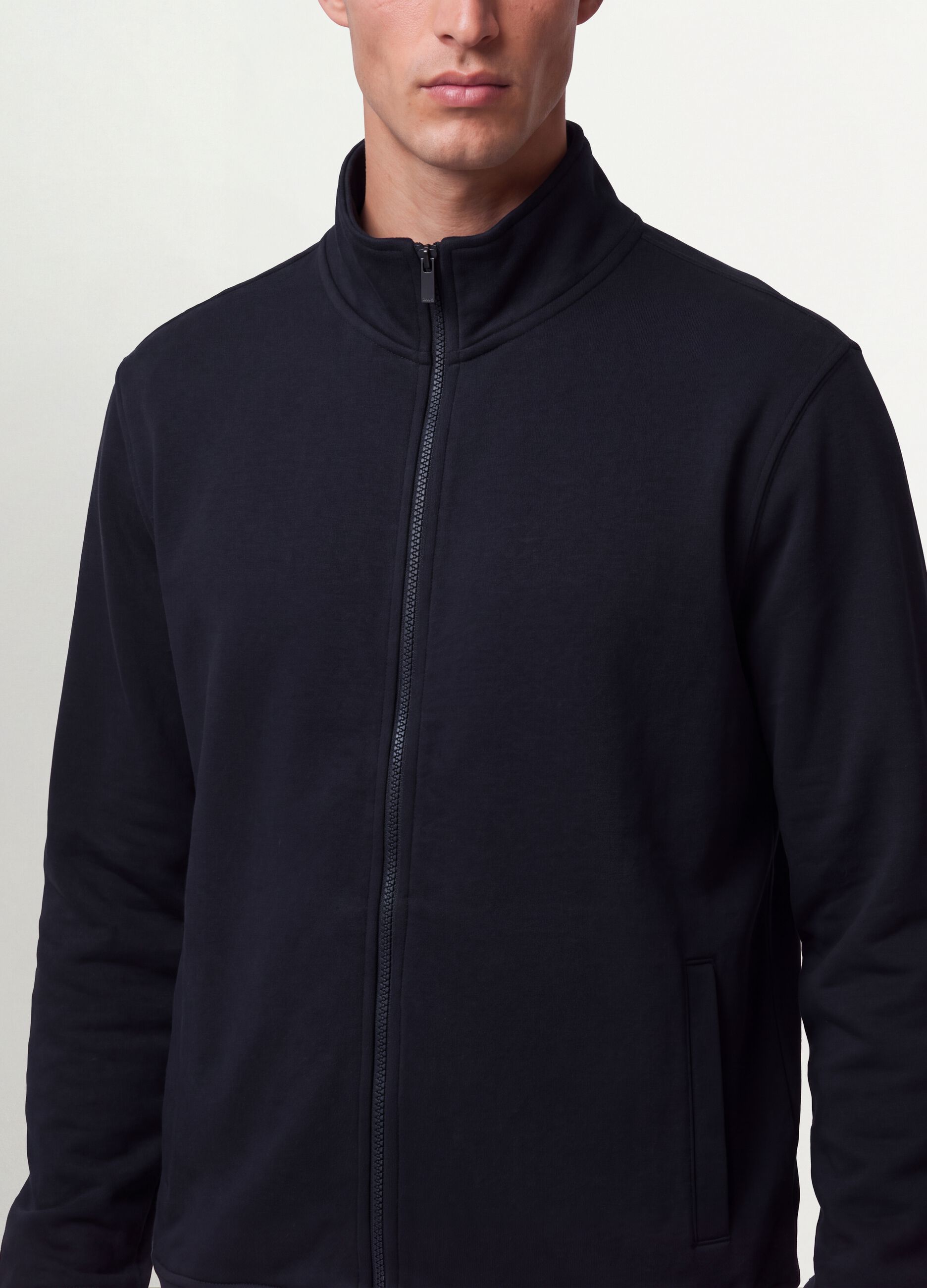 Blue cotton-blend sweatshirt with crew neck and zip, regular fit