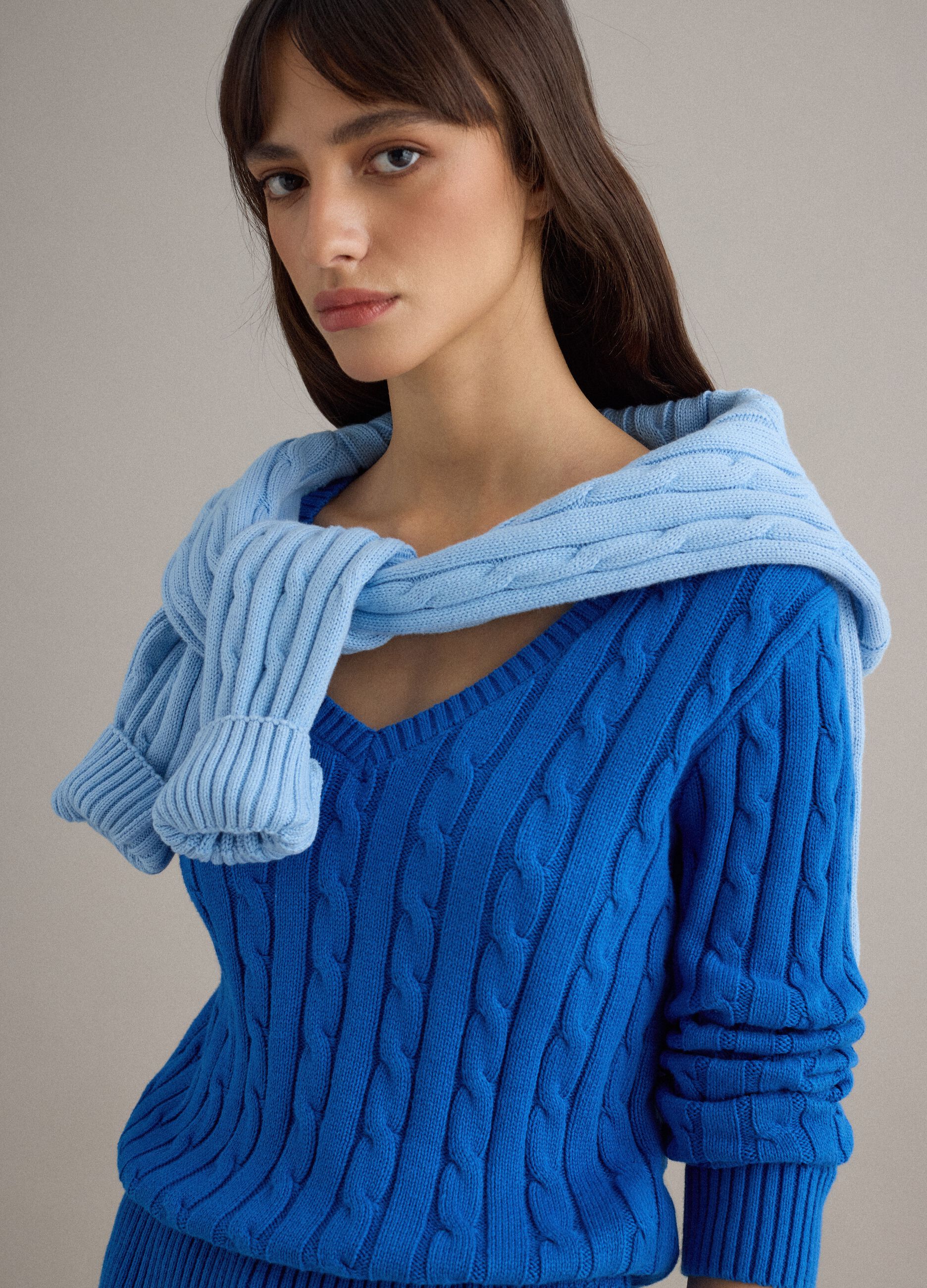 Blue pure cotton regular fit pullover with cable knit