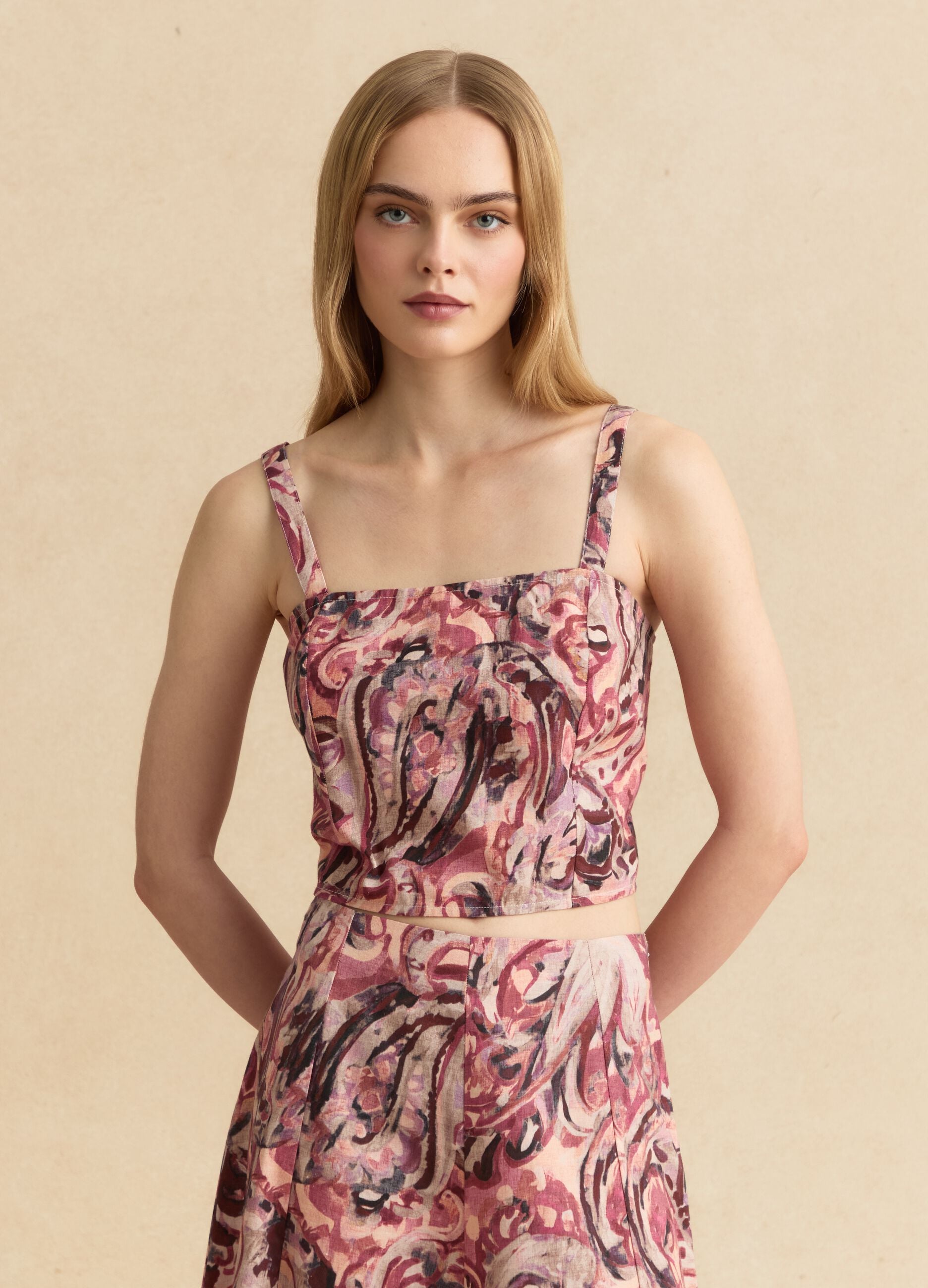 Top crop multicolor in misto cotone e lino