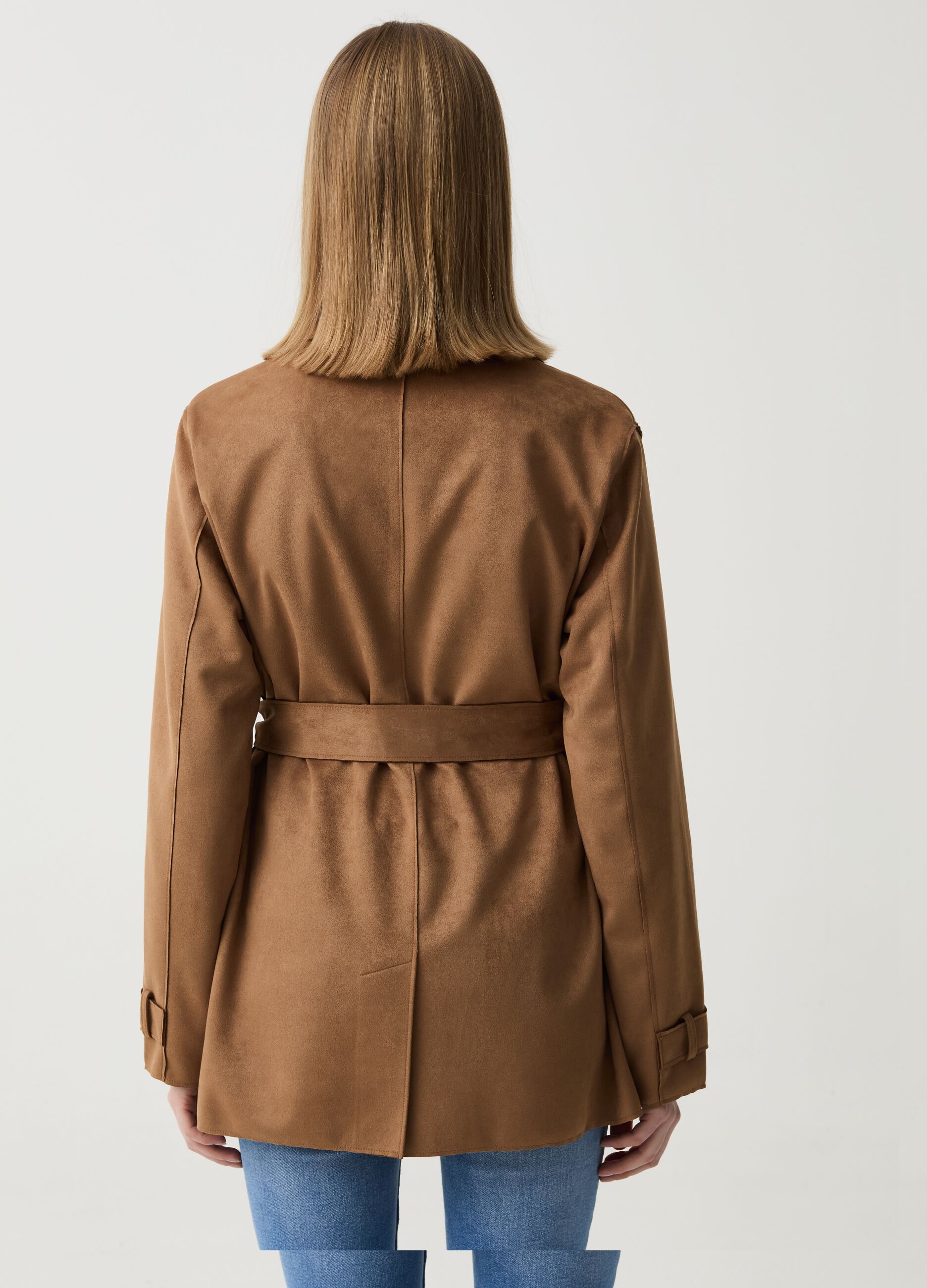 Short double-breasted trench coat in suede