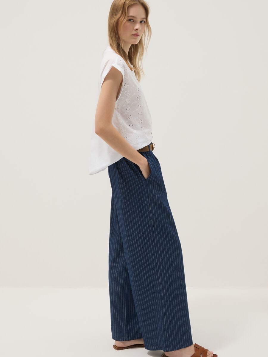 Pantaloni palazzo blu in puro cotone a righe_0