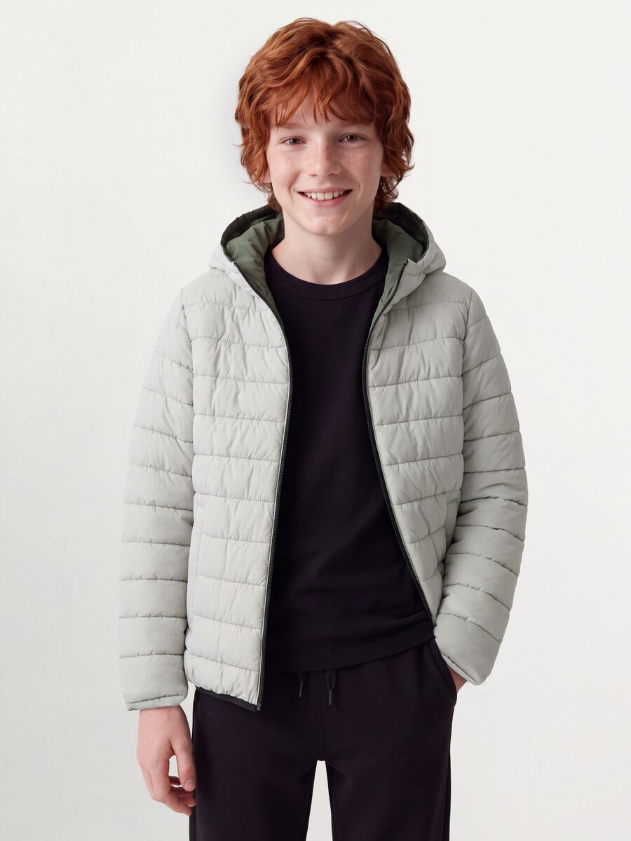Reversible Ultralight padded hooded jacket in grey and green_1
