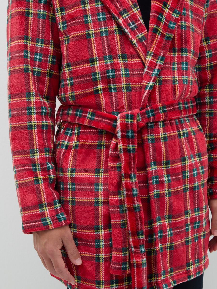 Multicoloured plaid coral fleece dressing gown with belt_3