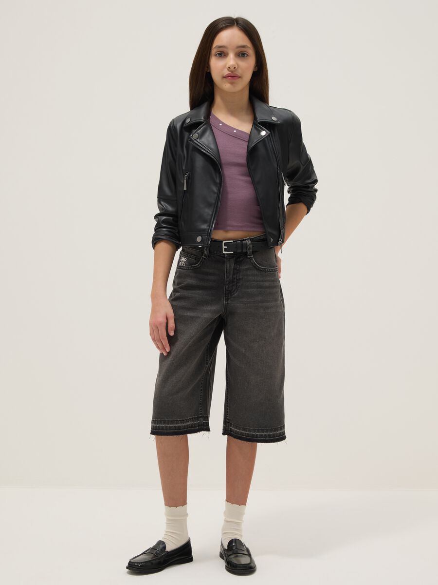 Shorts denim nero in puro cotone da ragazza skater fit_0