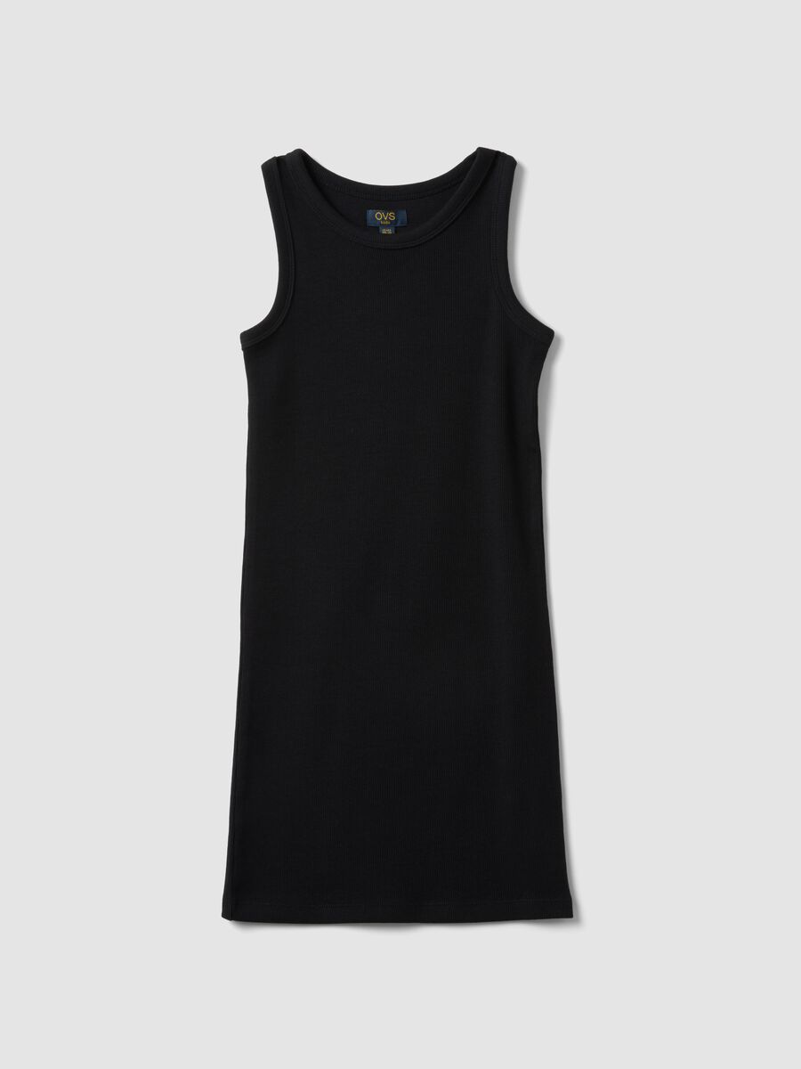Girls&rsquo; sleeveless fitted black stretch cotton dress_0