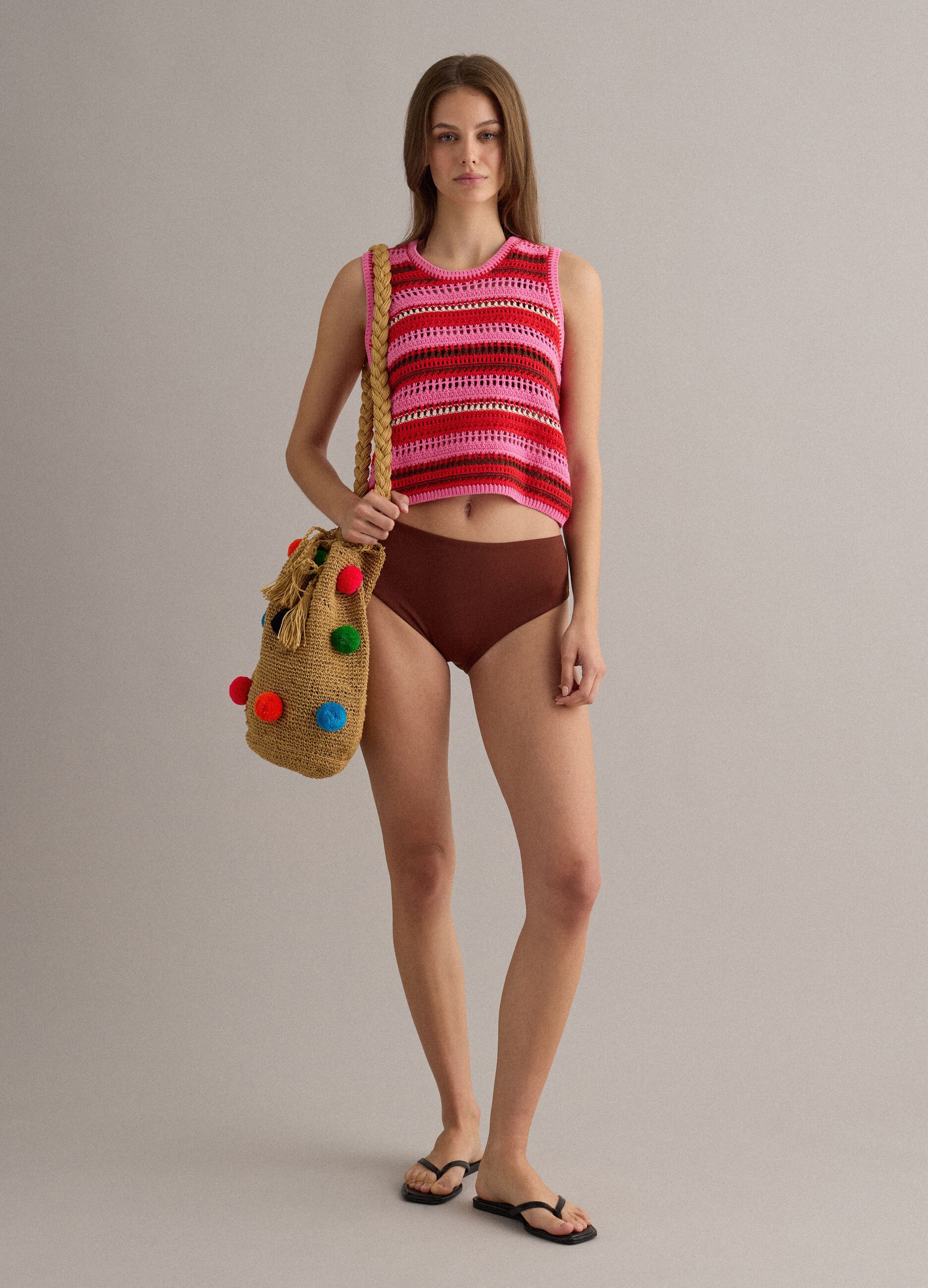 Brown pure jute beach bag with pom‑poms