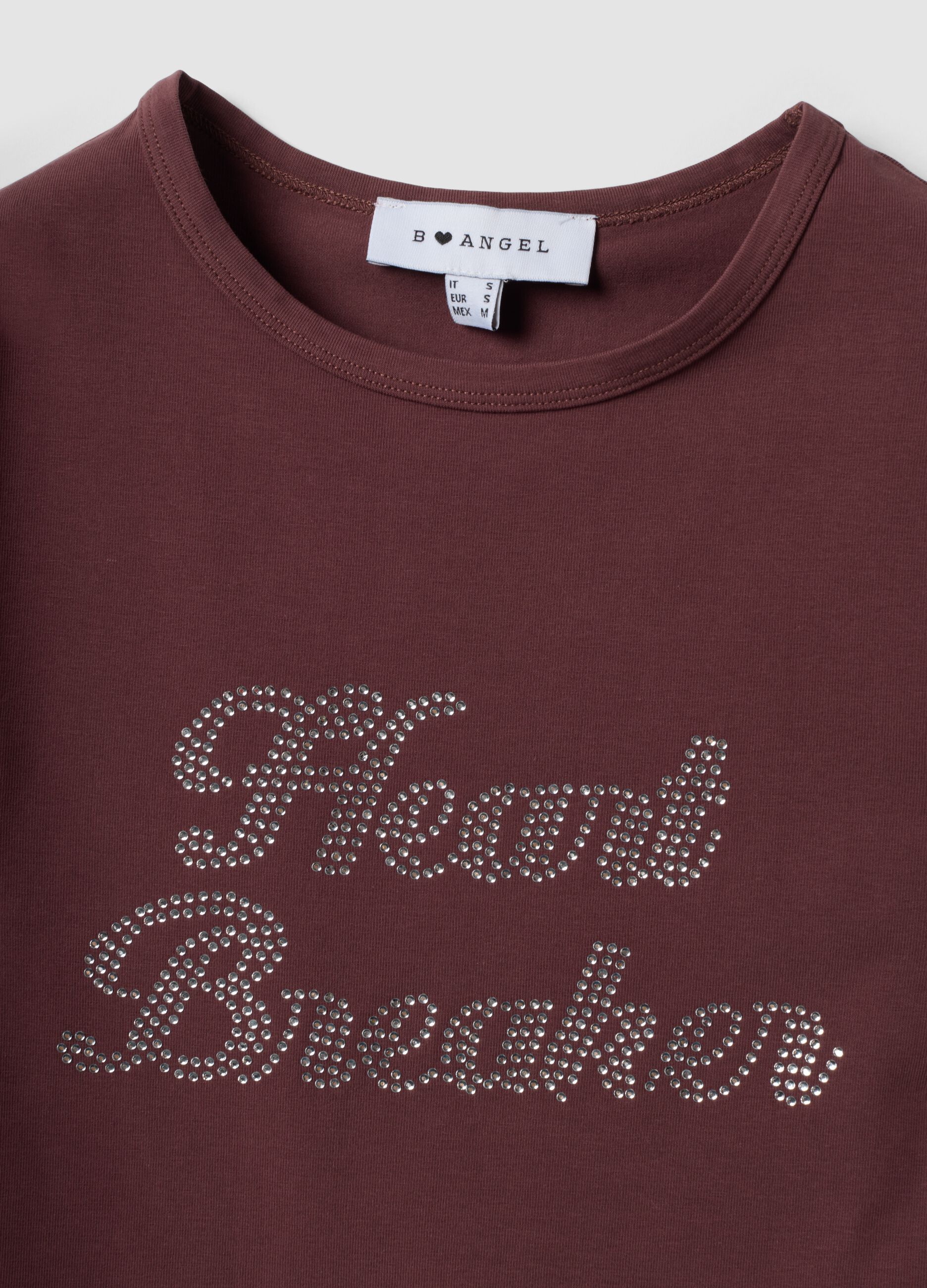 Brown fitted stretch-cotton T-shirt with rhinestone embellishments