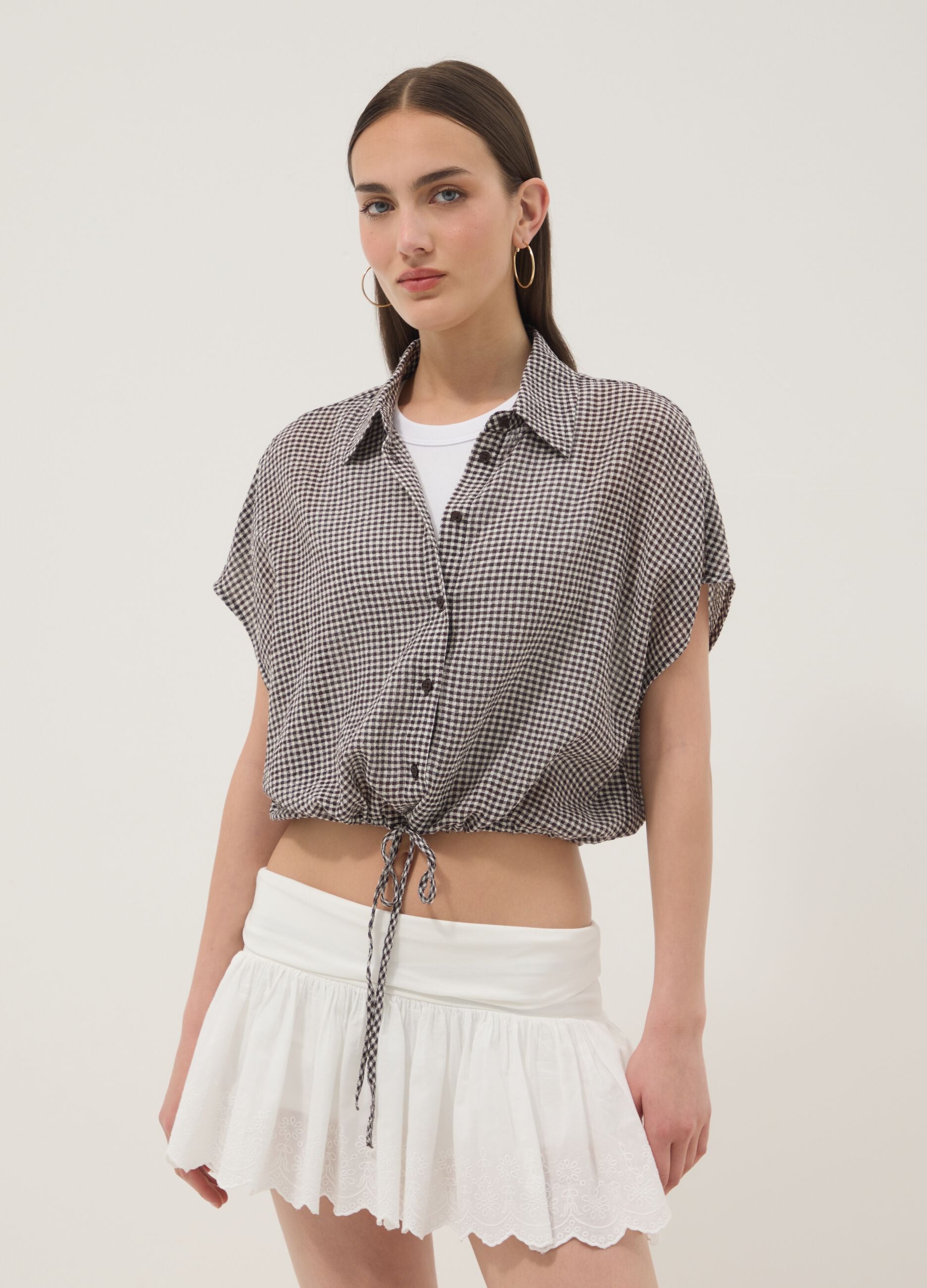 Camicia crop a quadretti multicolor in cotone elasticizzato