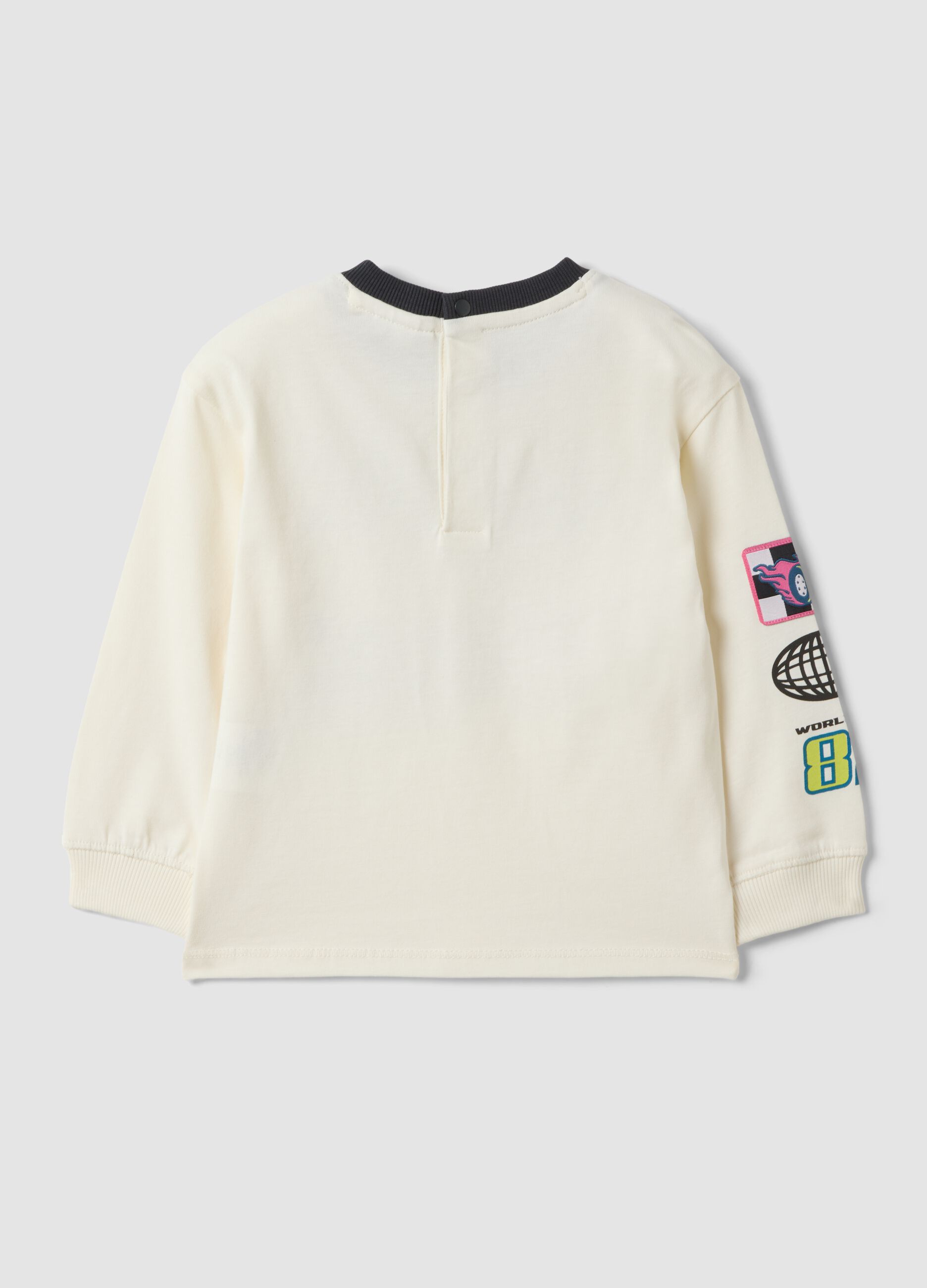White pure cotton crew-neck T-shirt with racing print for baby boy