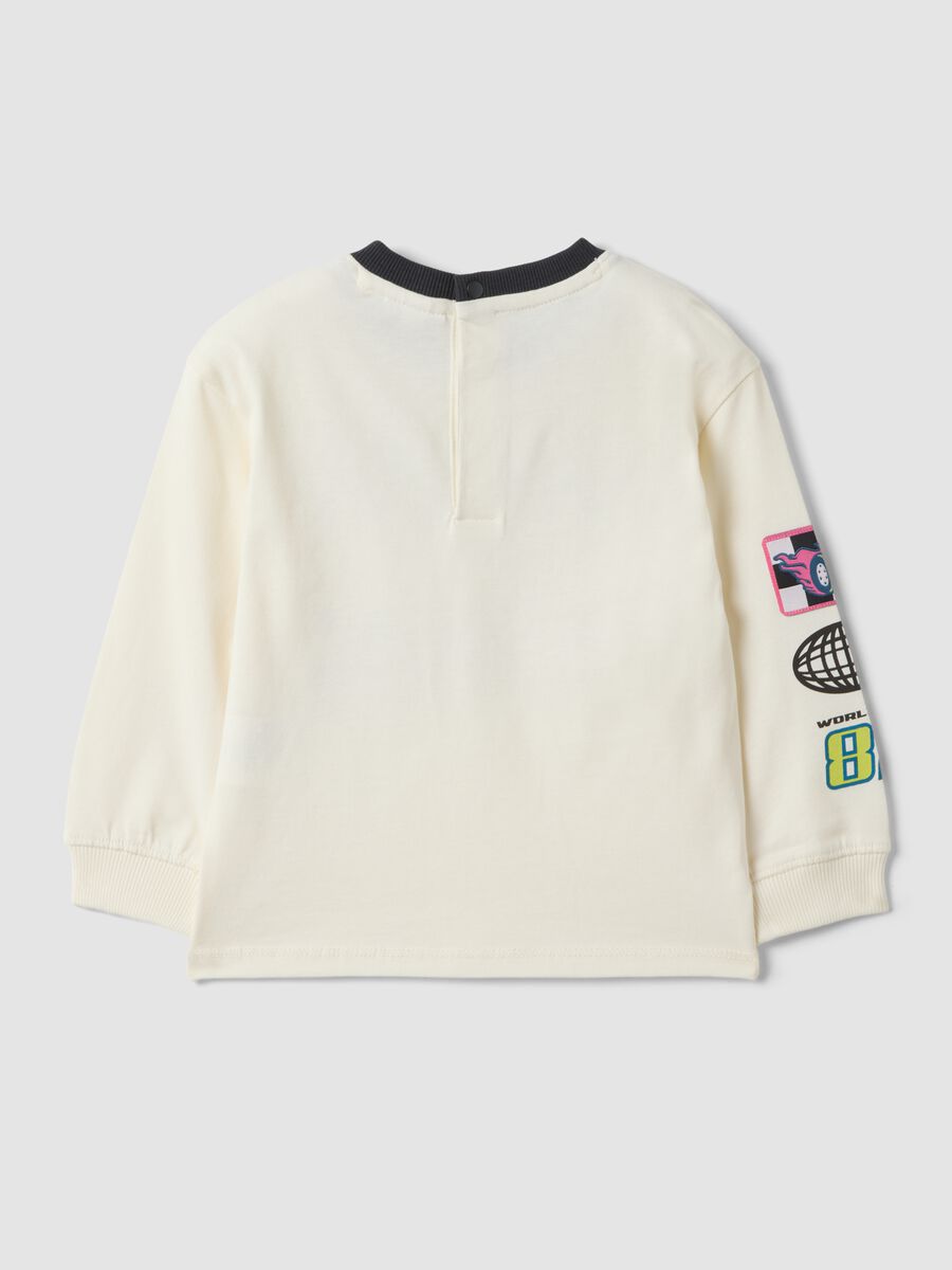 White pure cotton crew-neck T-shirt with racing print for baby boy_1