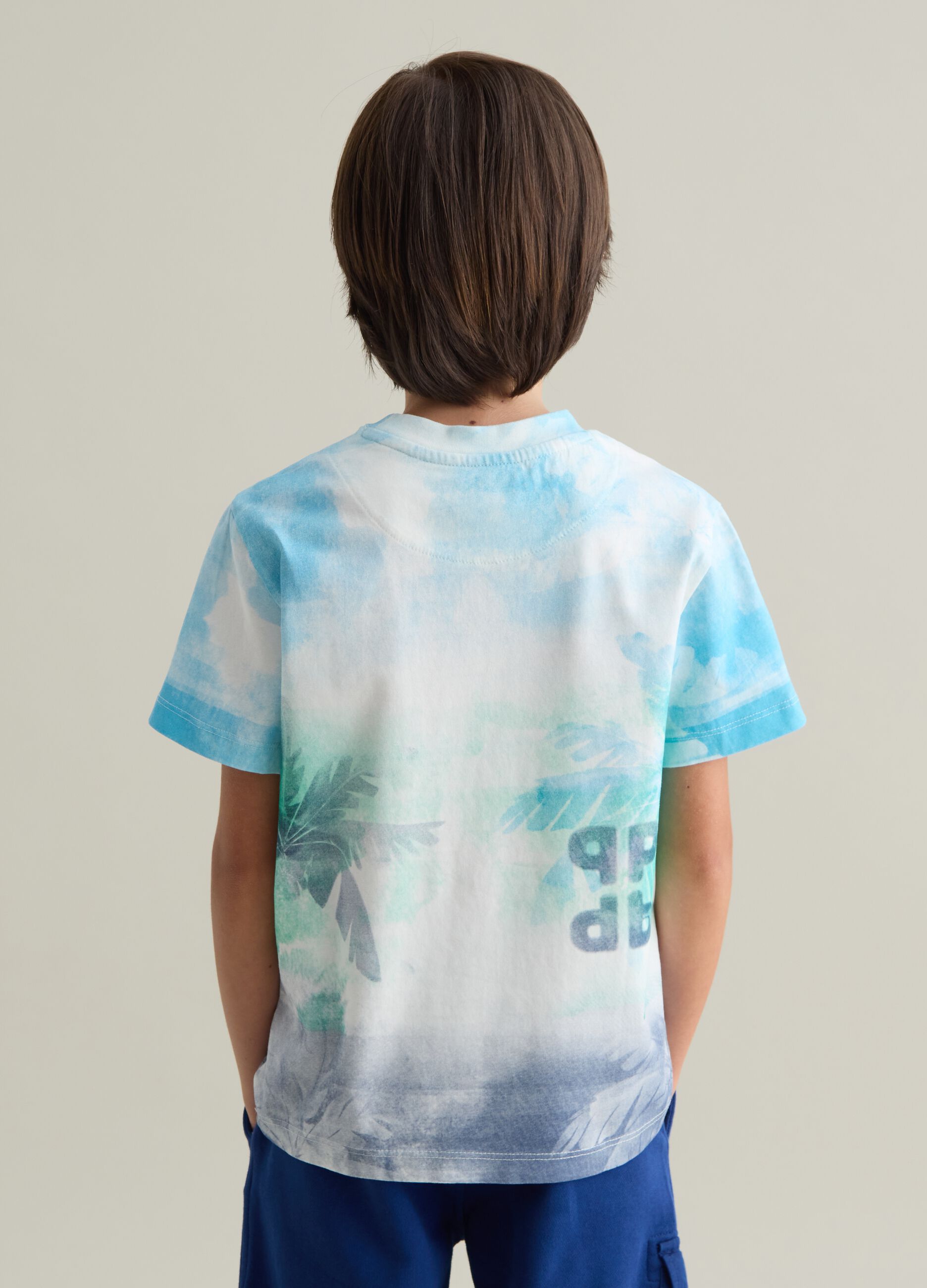 Light blue and blue dip-dye T-shirt with logo and palms print