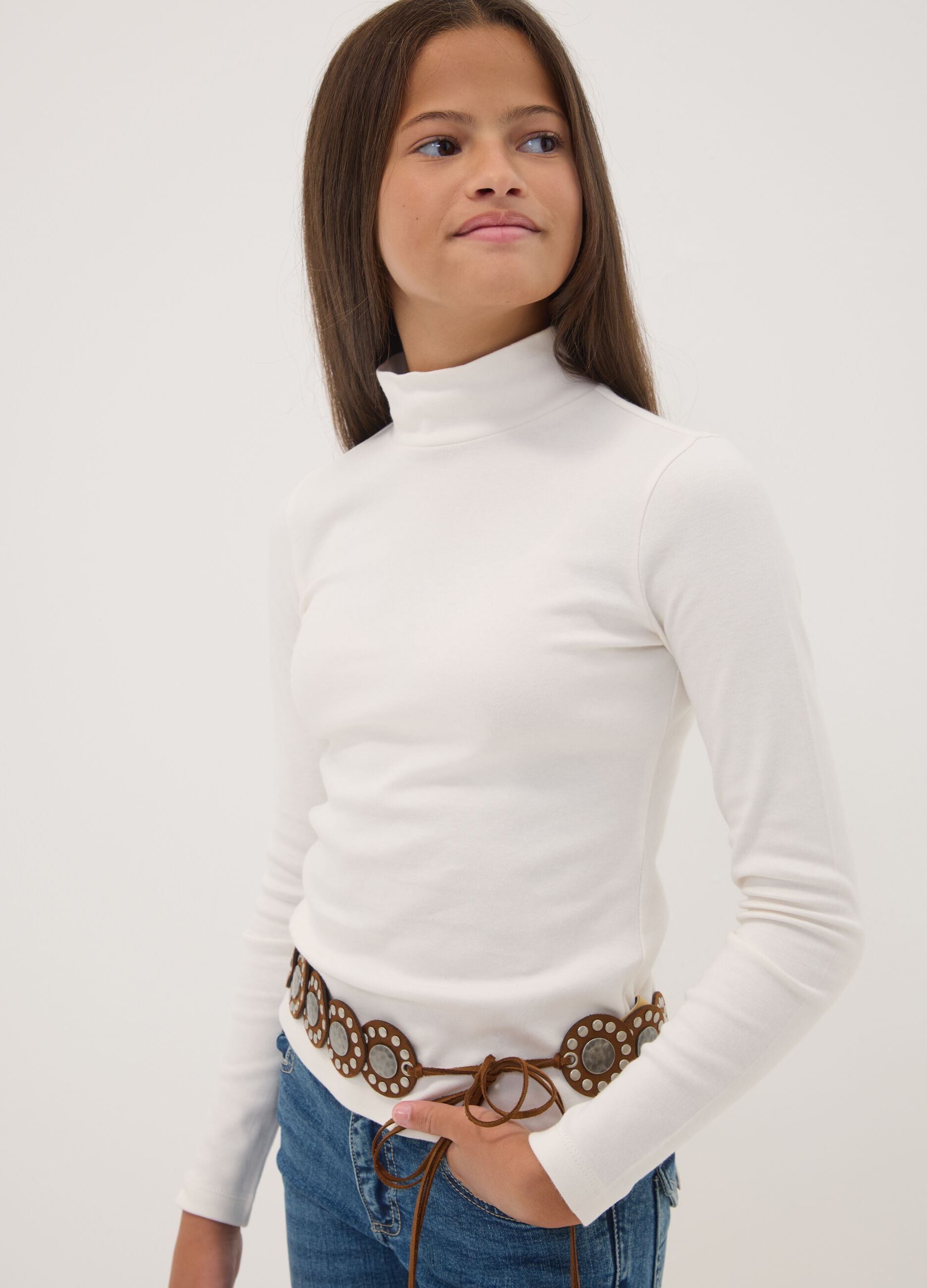 White pure organic cotton T-shirt with mock neck