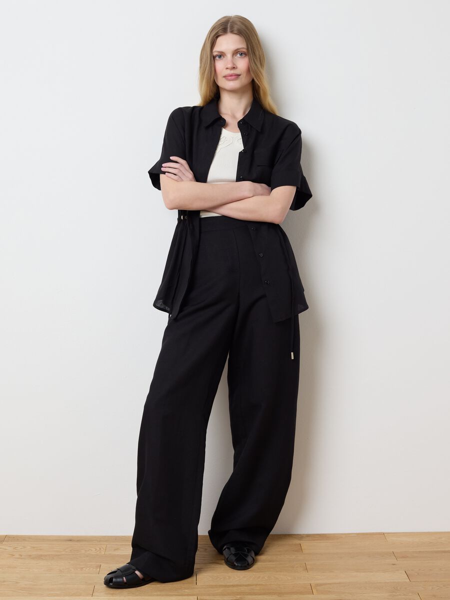 Black pull-on trousers in linen and viscose_0