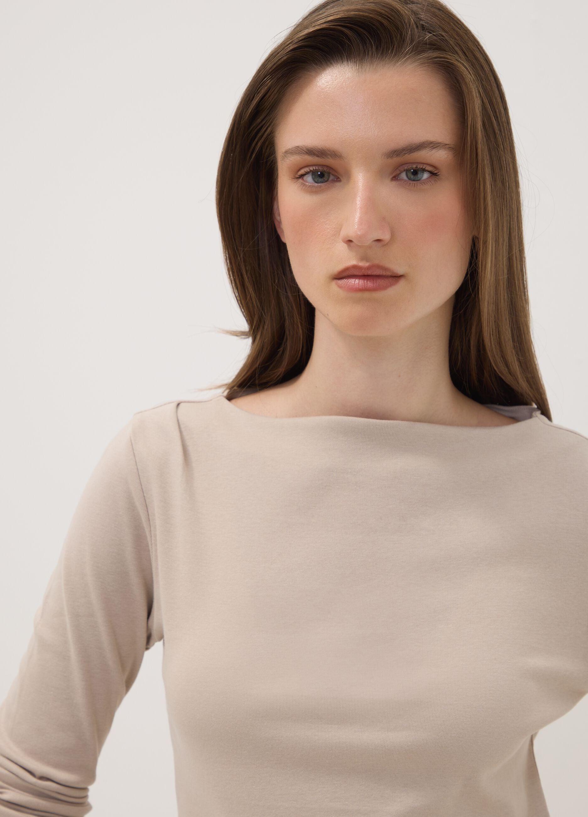 Beige pure cotton crew-neck T-shirt