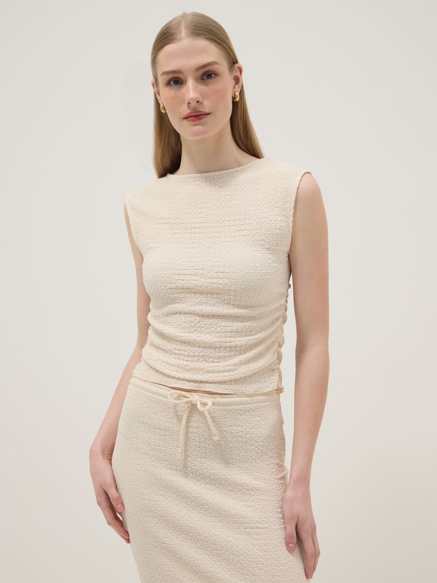Beige stretch tank top with textured finish_1