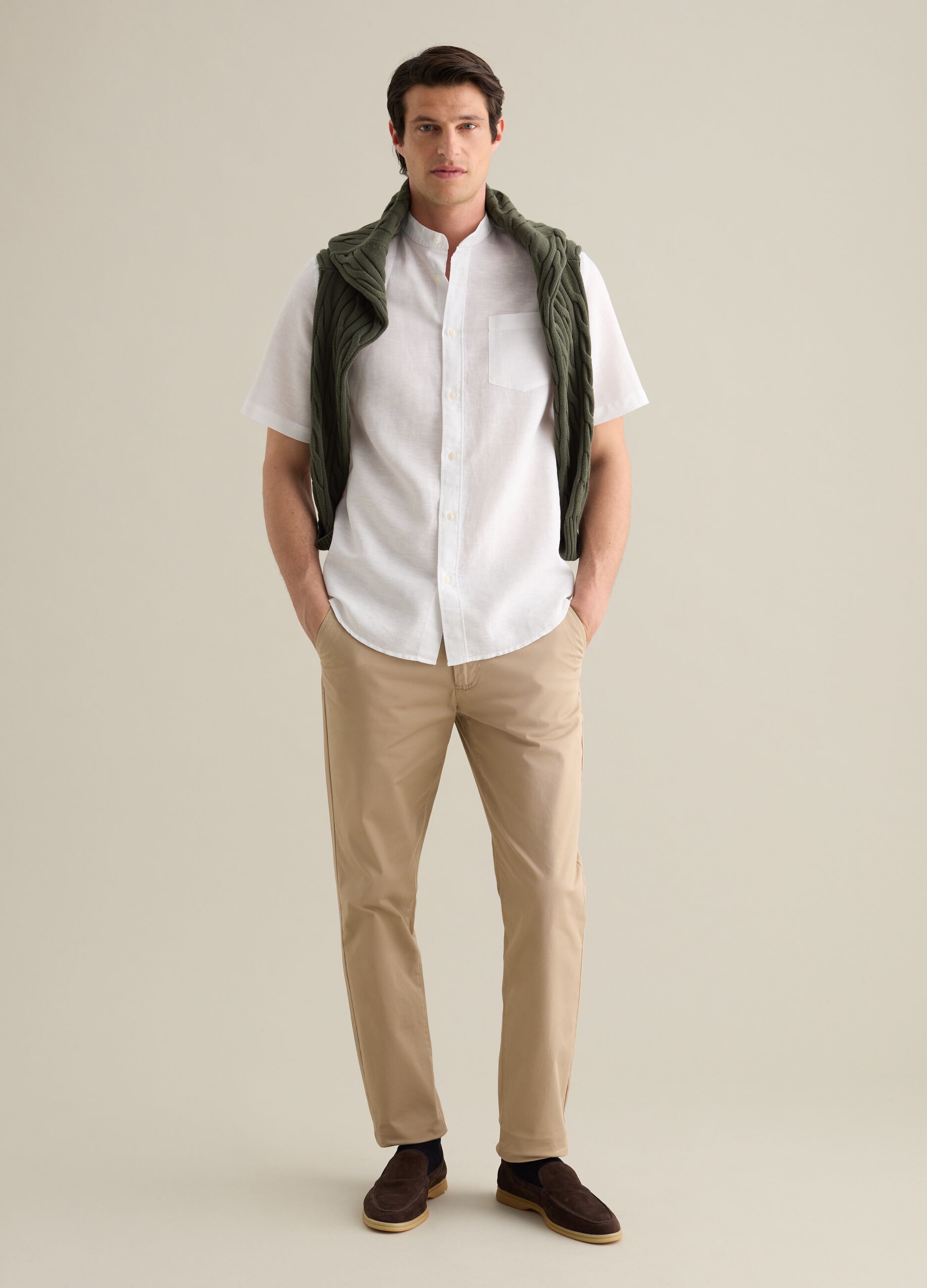 Piombo White Short Sleeve Linen and Cotton Shirt