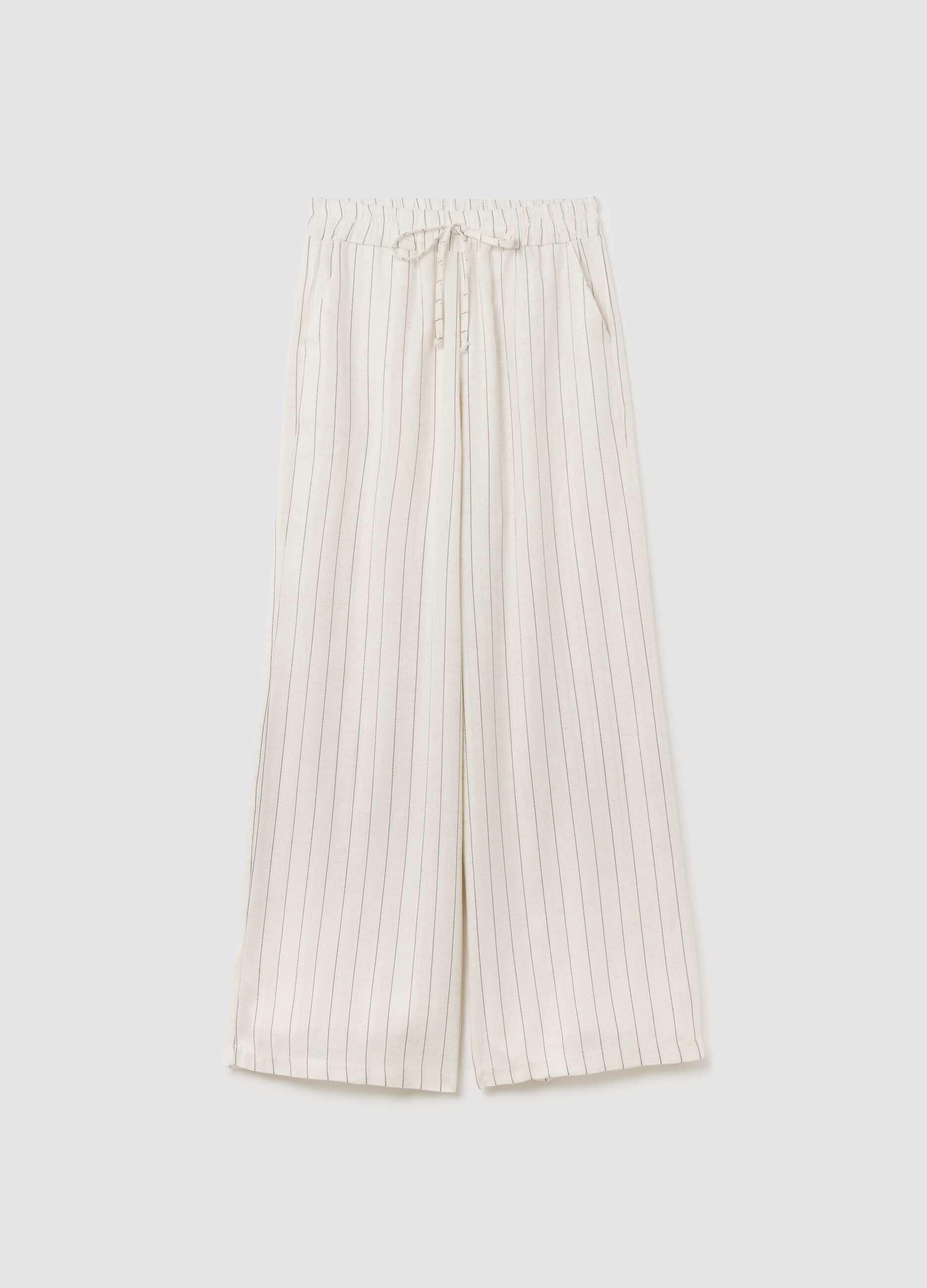 Women's beige regular fit palazzo trousers in lyocell-linen blend