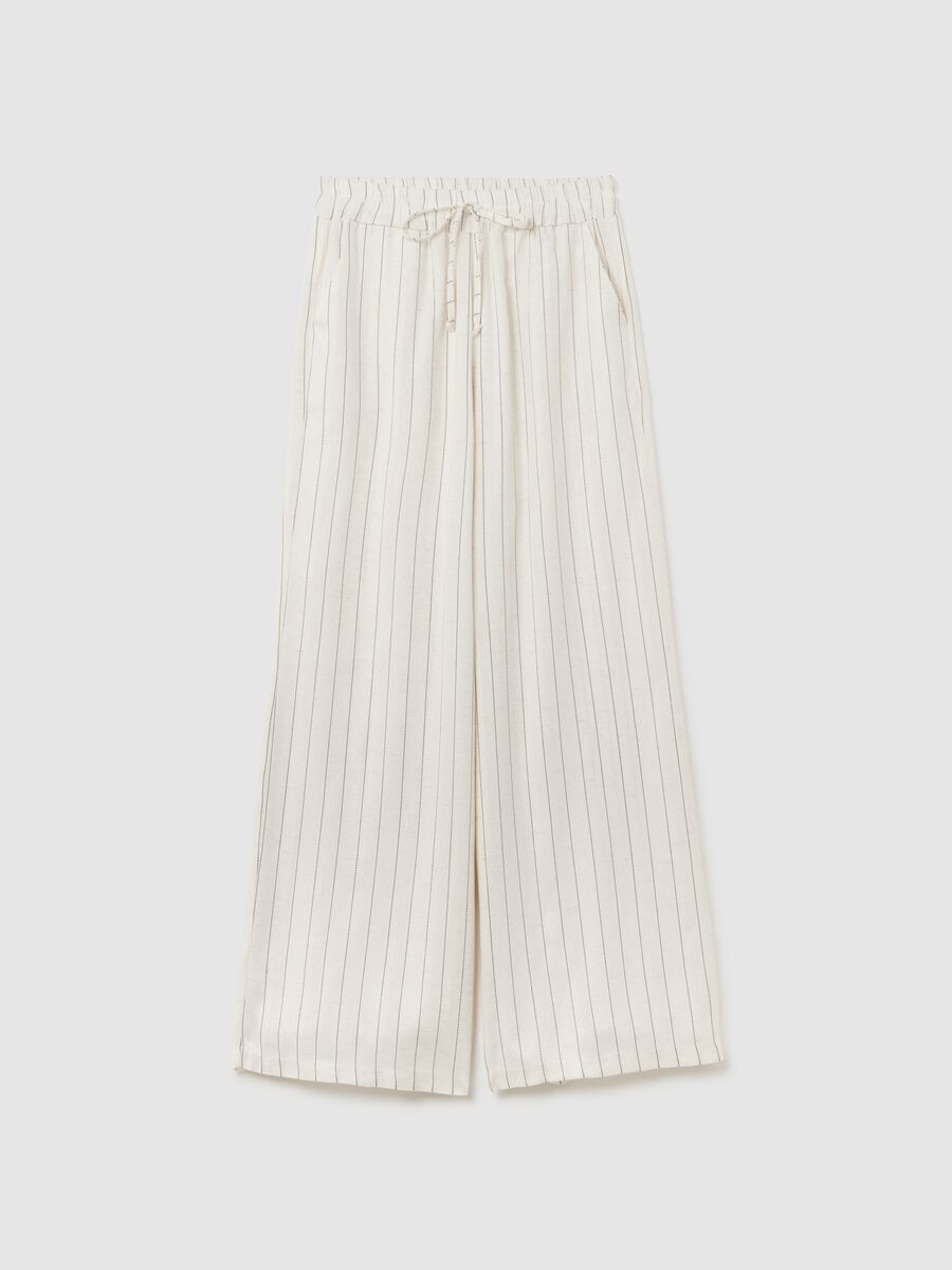 Women's beige regular fit palazzo trousers in lyocell-linen blend_4