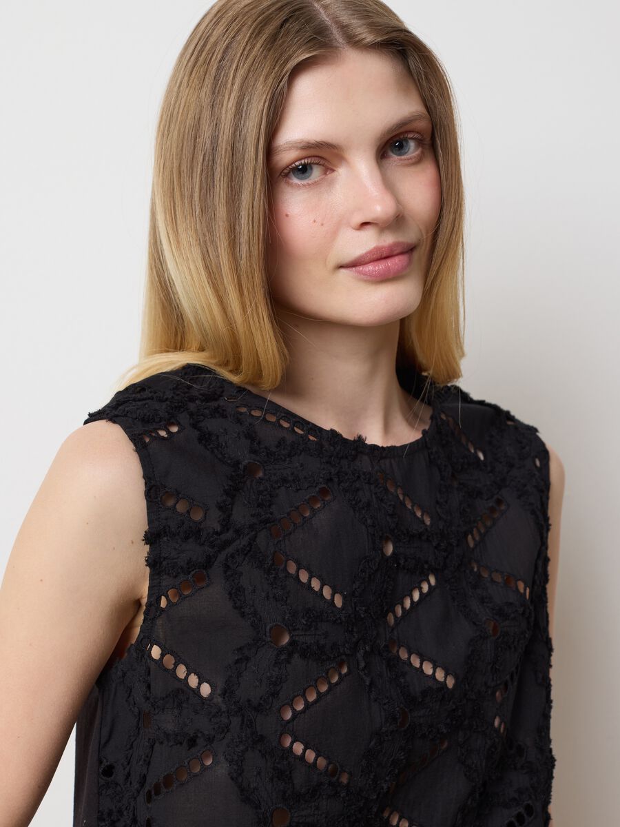 Black Broderie Anglaise Cotton Tank Top_0