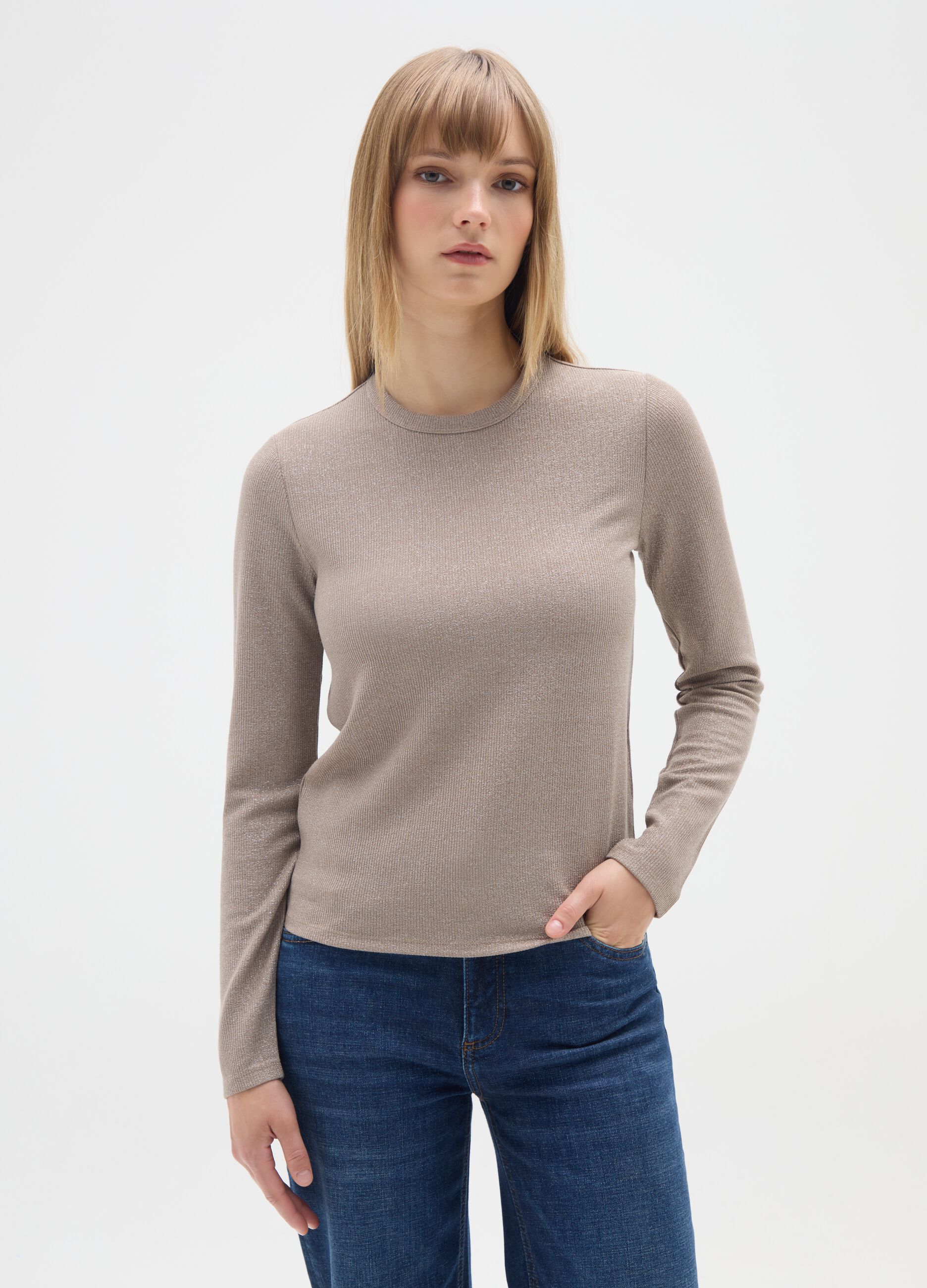 Beige long-sleeve stretch top