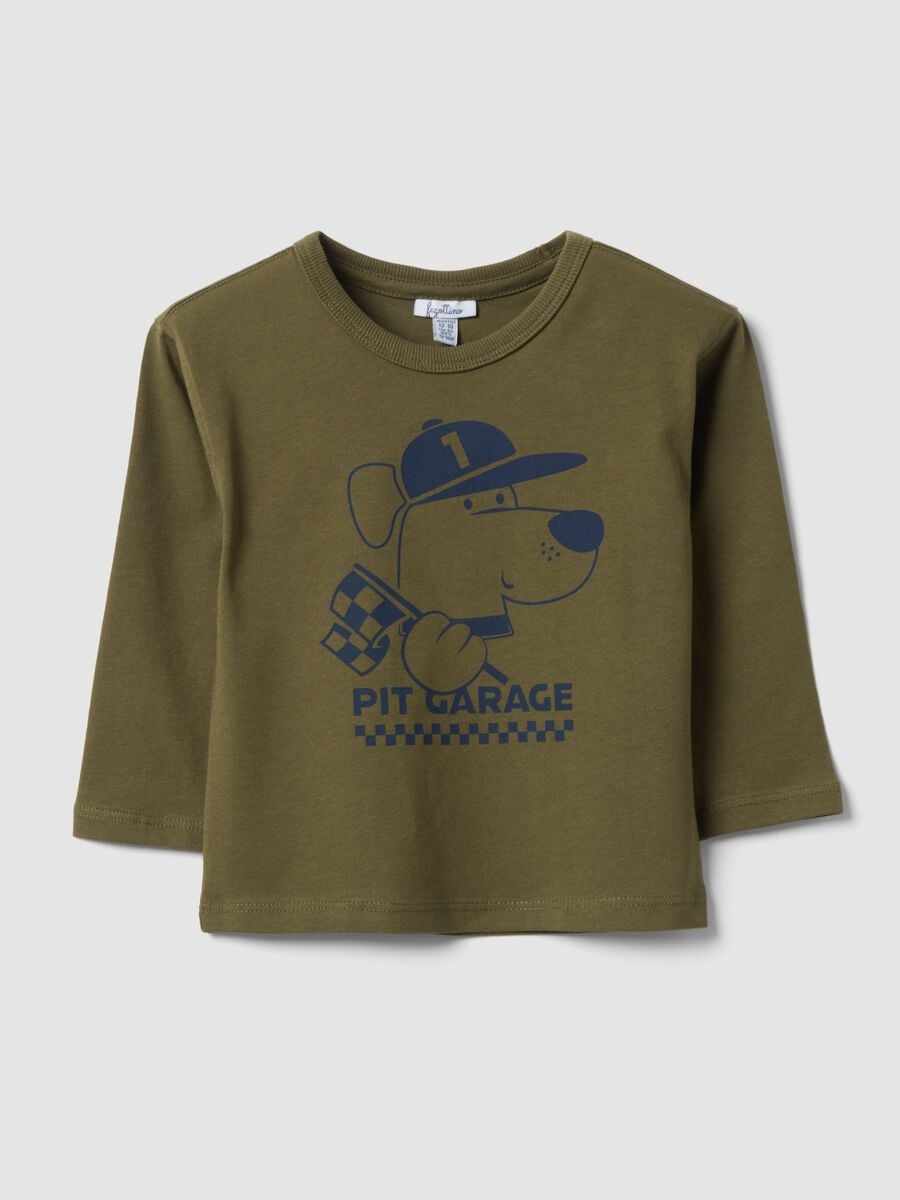 T-shirt verde in puro cotone organico con stampa cagnolino per bimbo_0