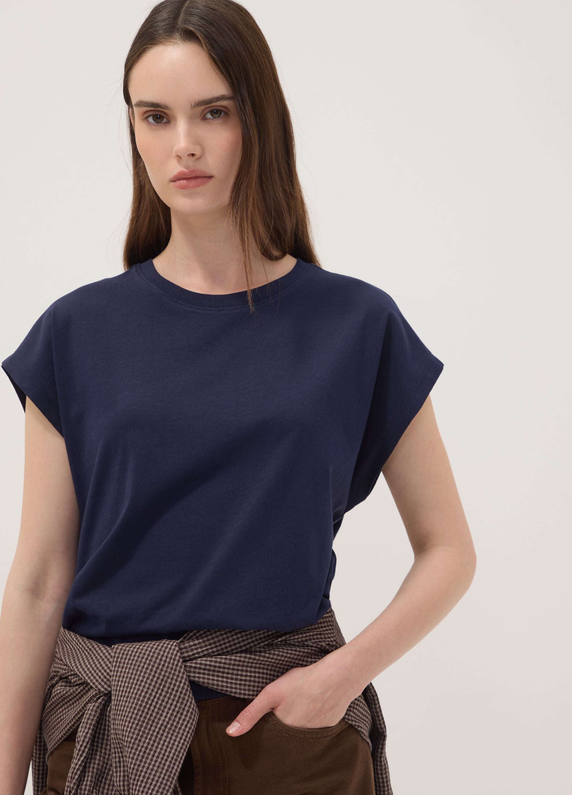 Blue pure cotton short-sleeve regular fit T-shirt