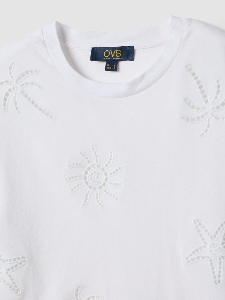 White pure cotton T-shirt with broderie anglaise embroidery, regular fit_1