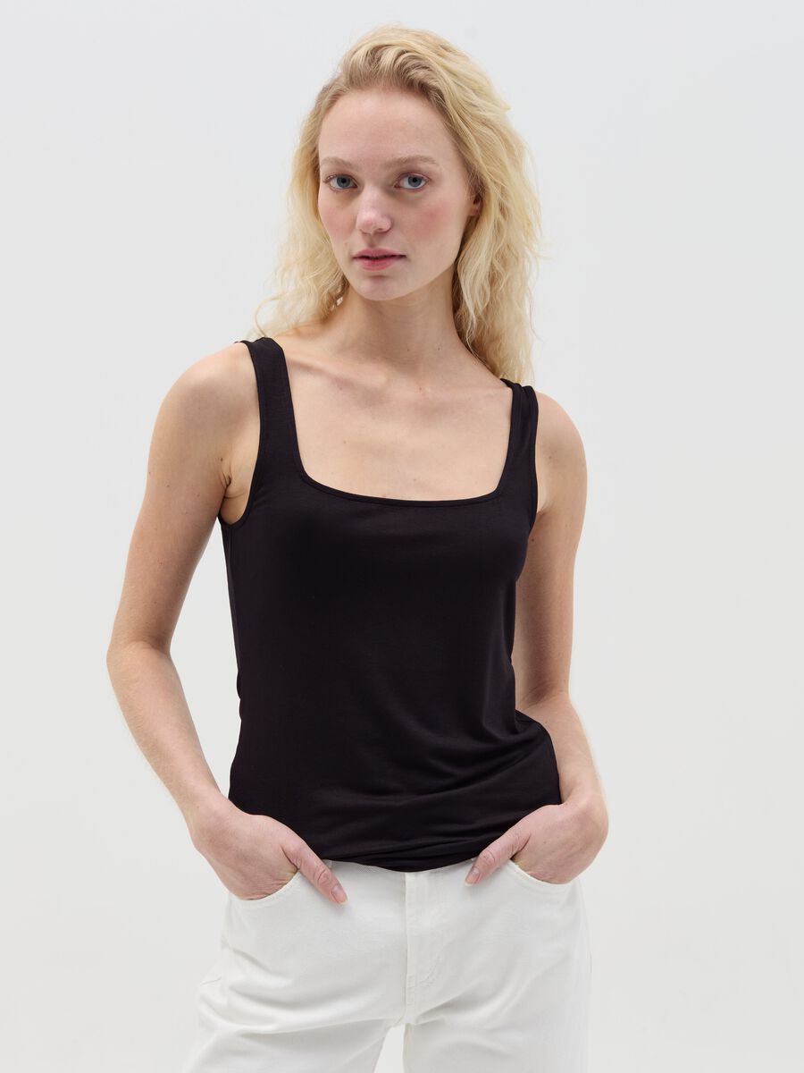 Basic black tank top in stretch viscose_0