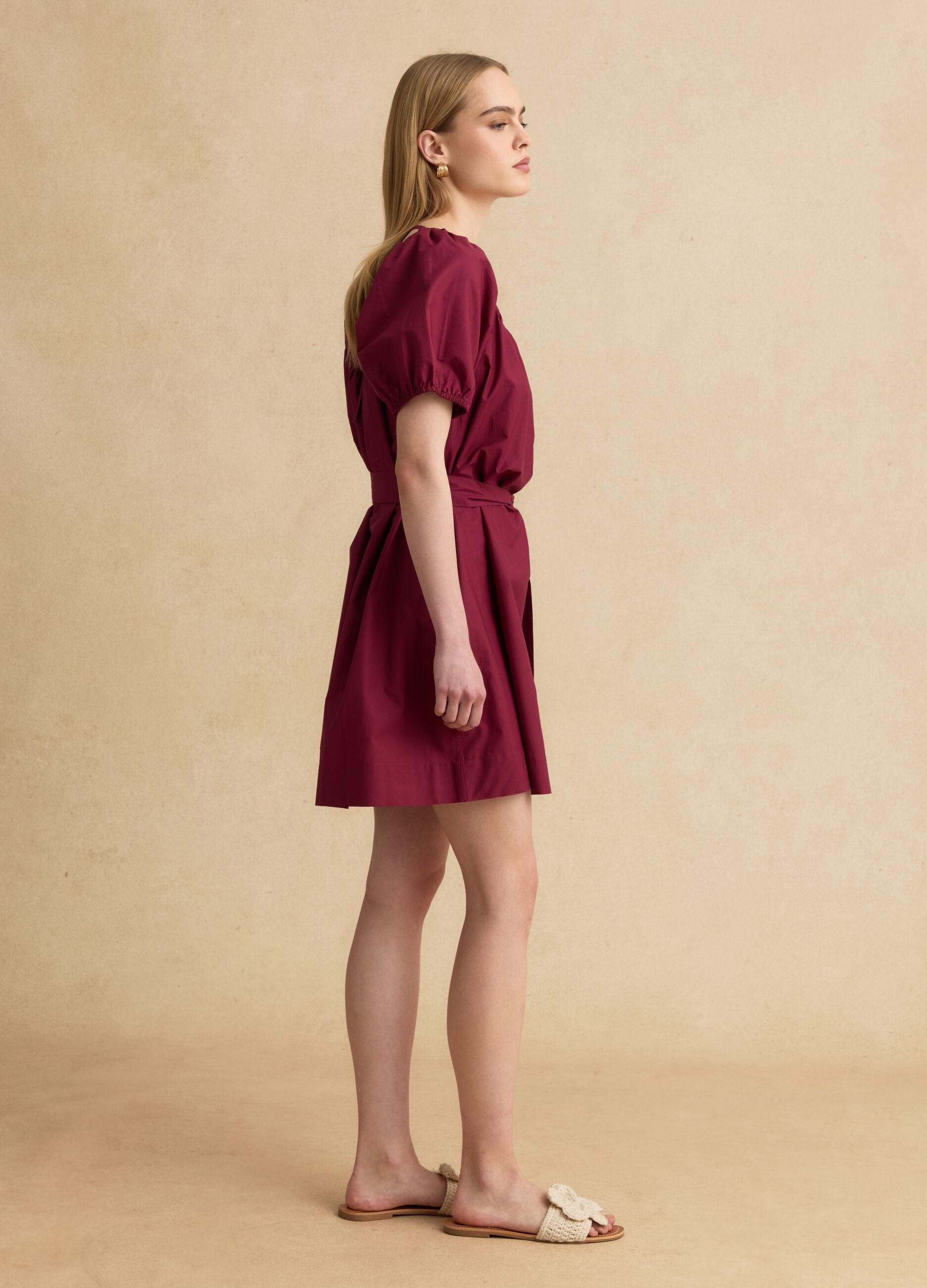 Abito midi rosso in puro cotone con cintura