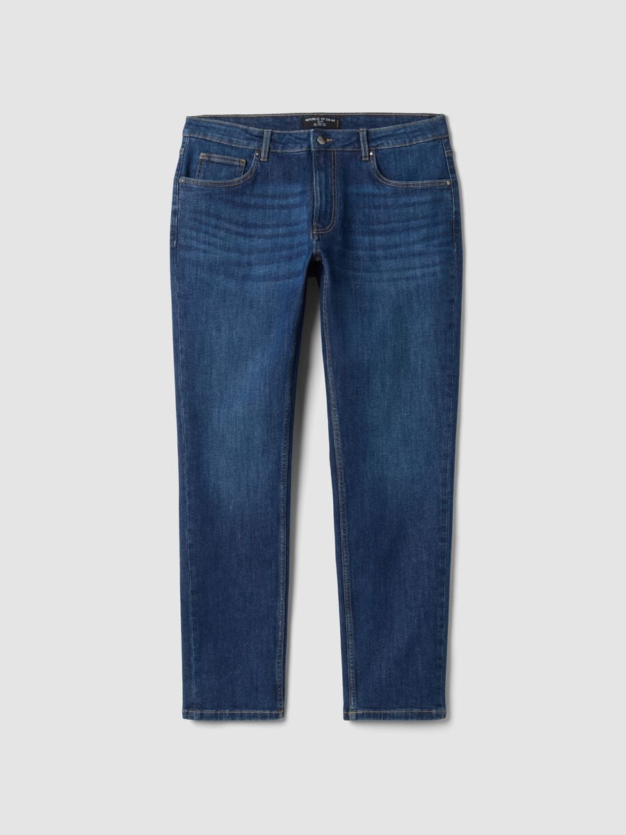 Dark blue slim-fit stretch cotton jeans_0