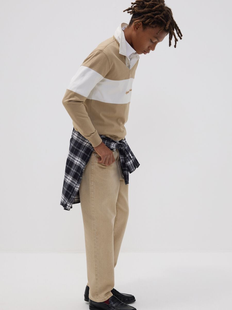 Beige cotton denim jeans, relaxed fit for boys_0