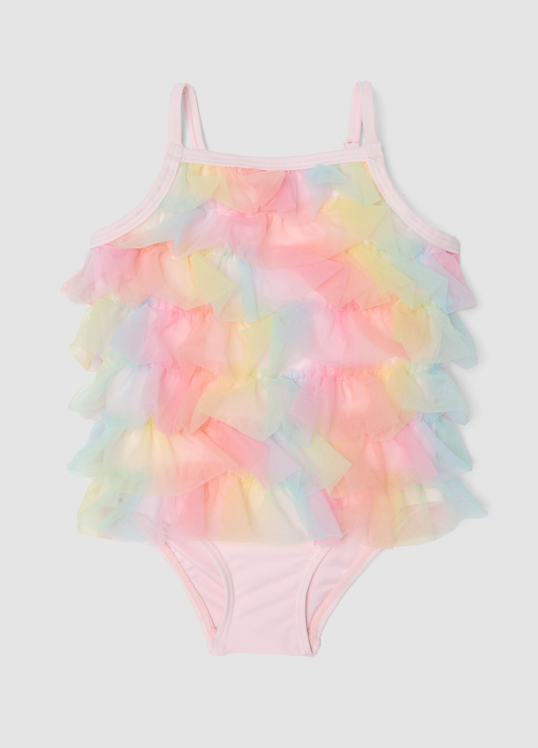 Costume intero rosa con volant in tulle per neonata