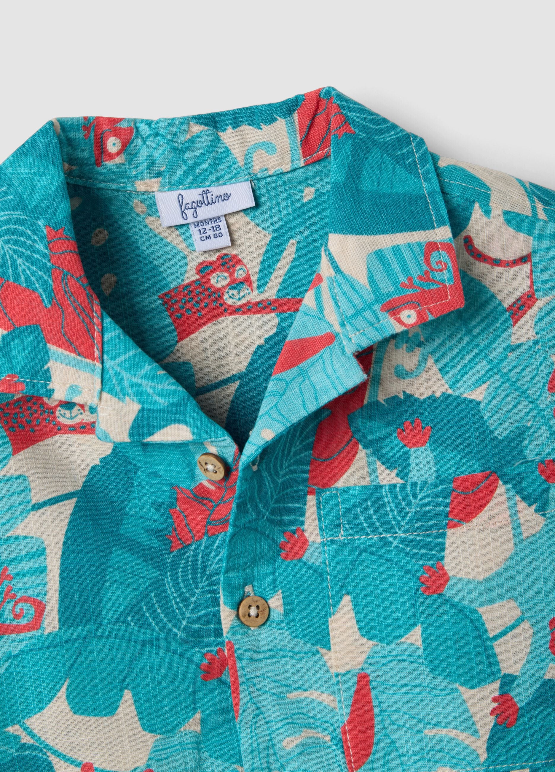 Blue pure cotton shirt with tropical print