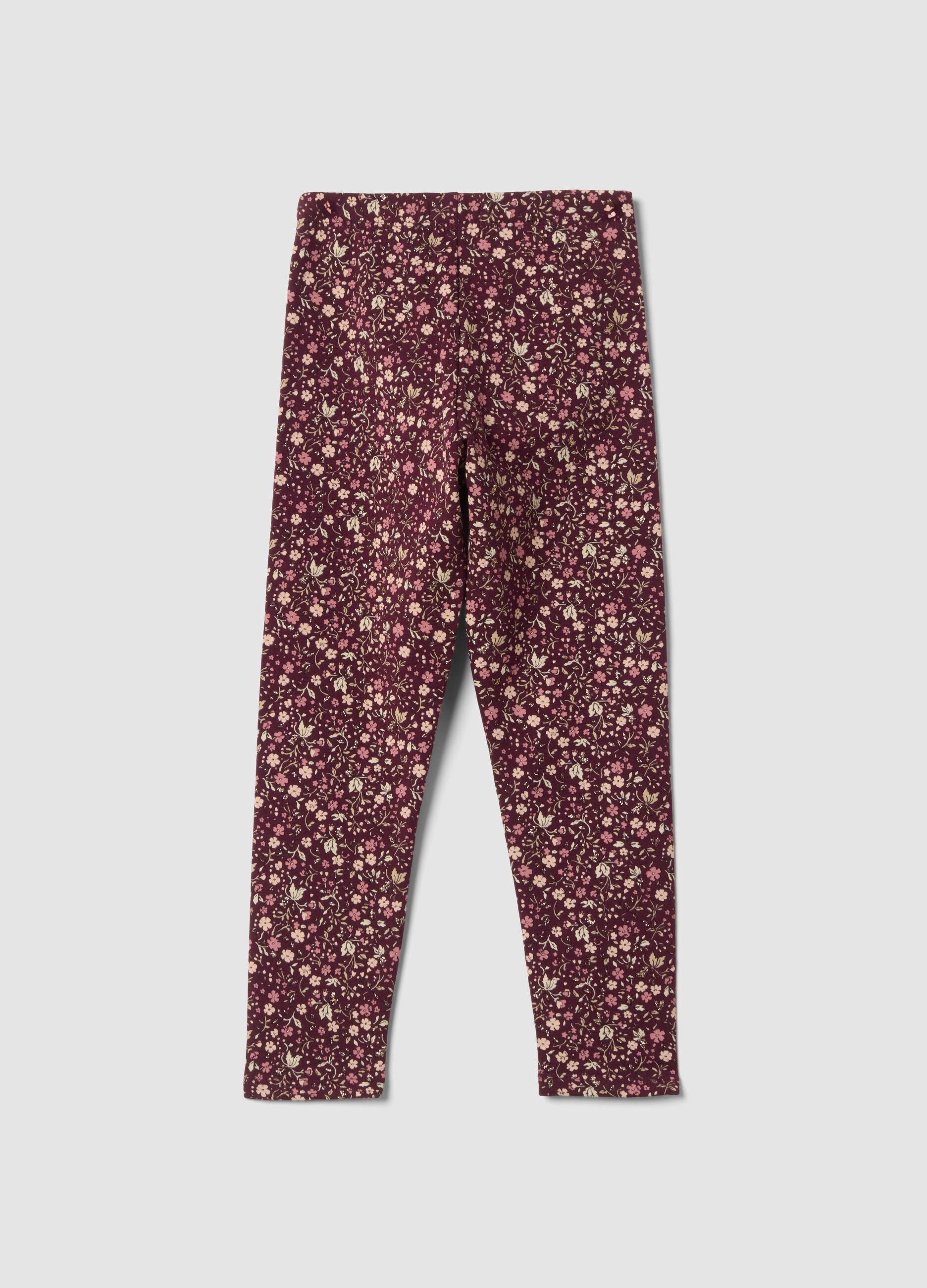 Leggings viola skinny in cotone organico elasticizzato con fantasia floreale