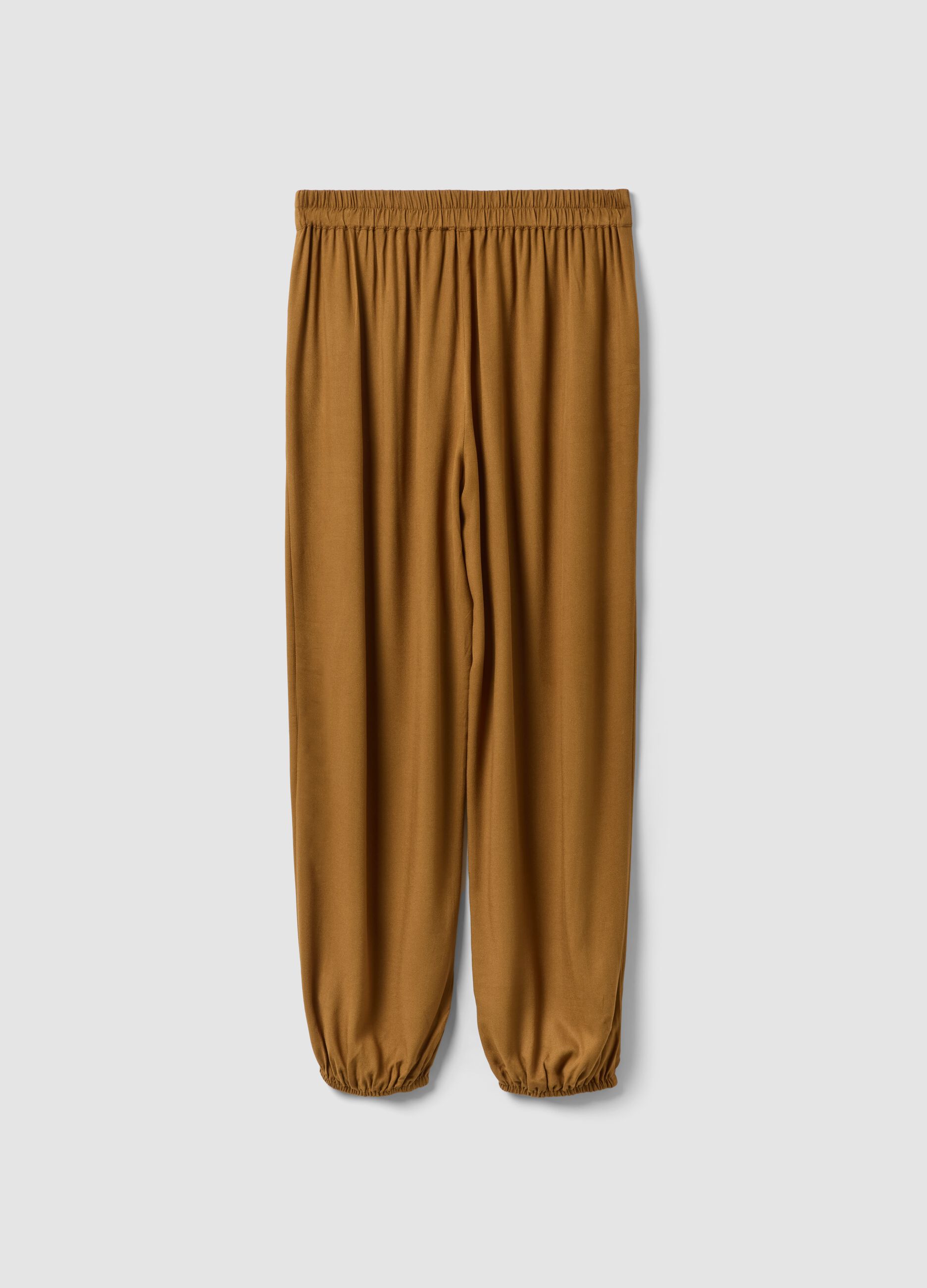 Brown pure viscose trousers with elasticated cuffs, regular fit