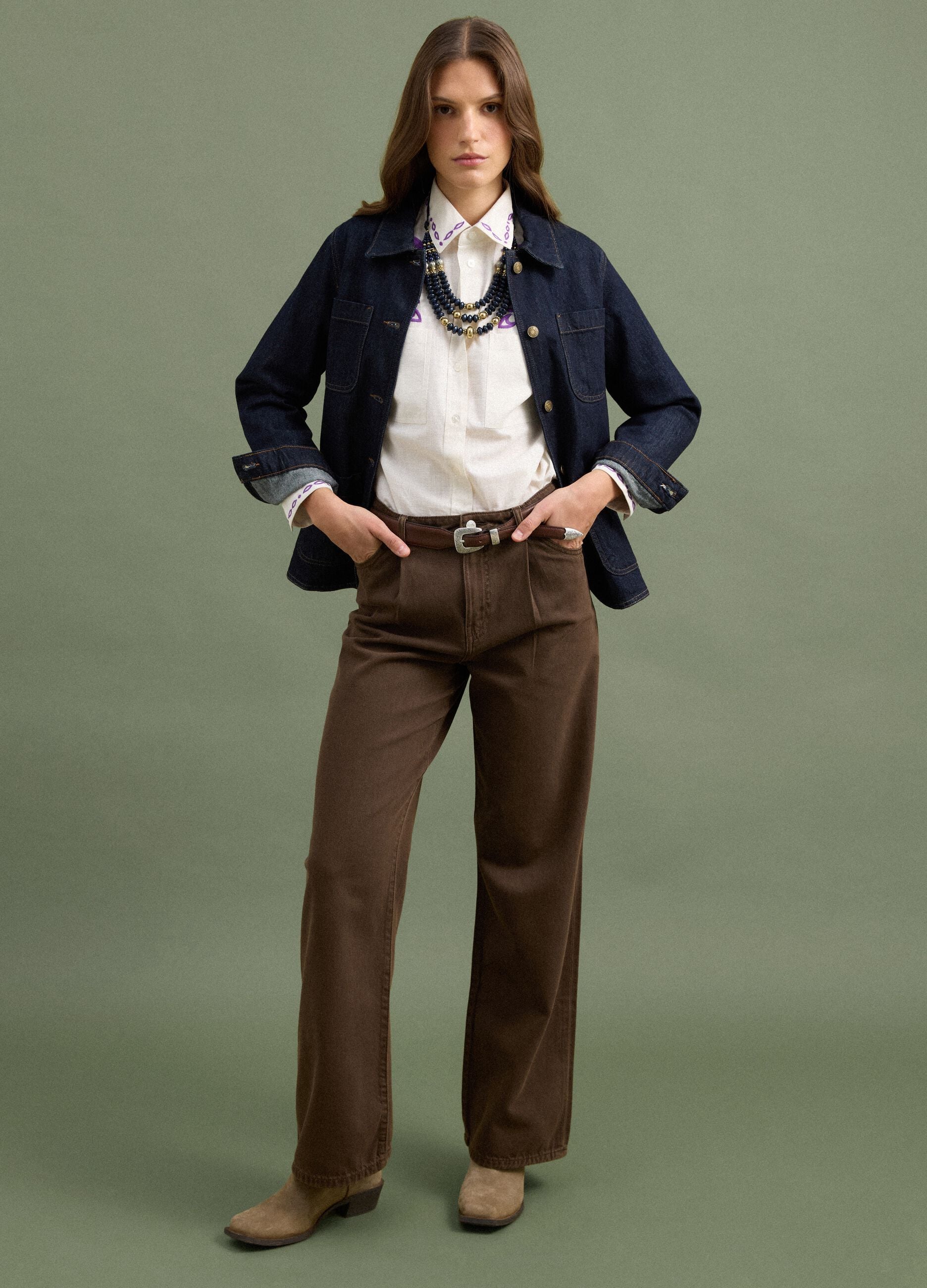 High-waisted wide-leg brown jeans in pure cotton