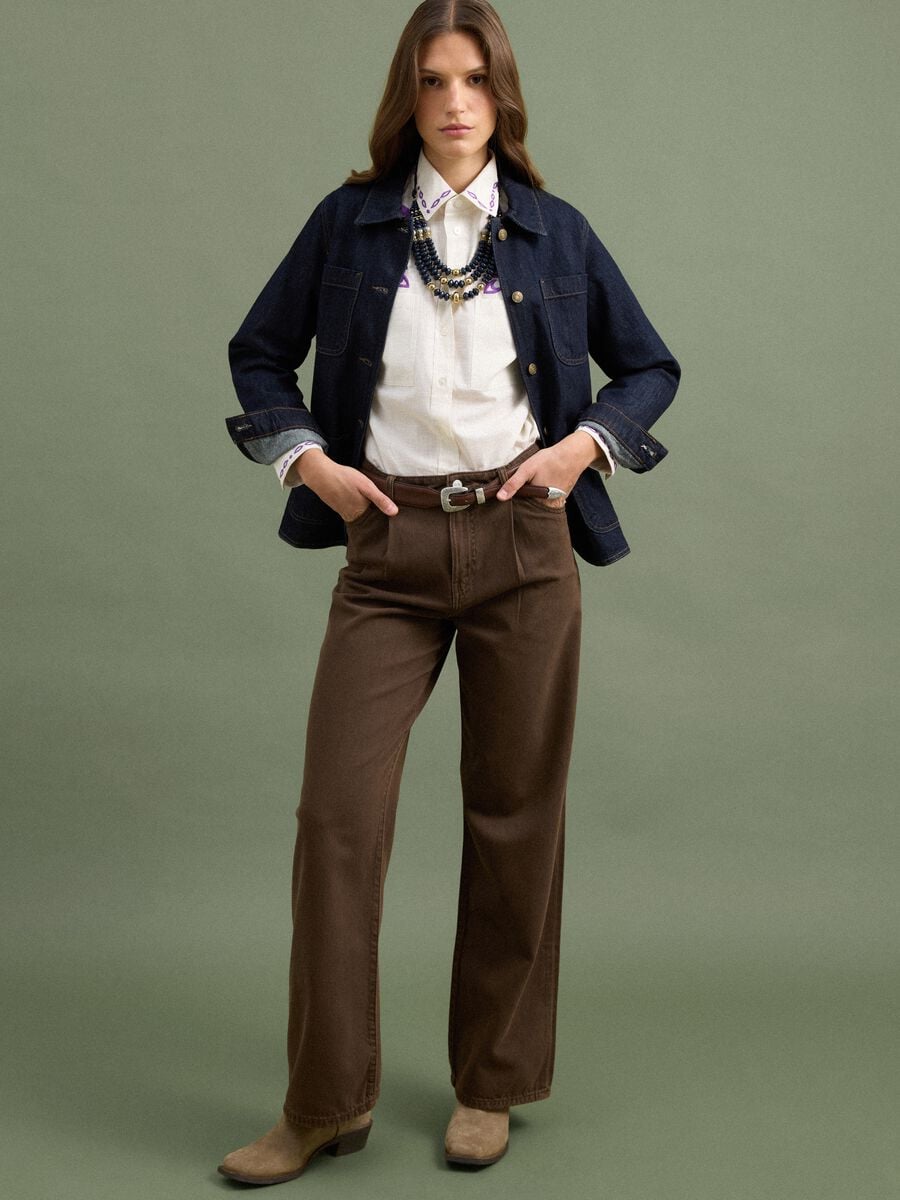 Jeans marrone wide leg a vita alta in puro cotone_0