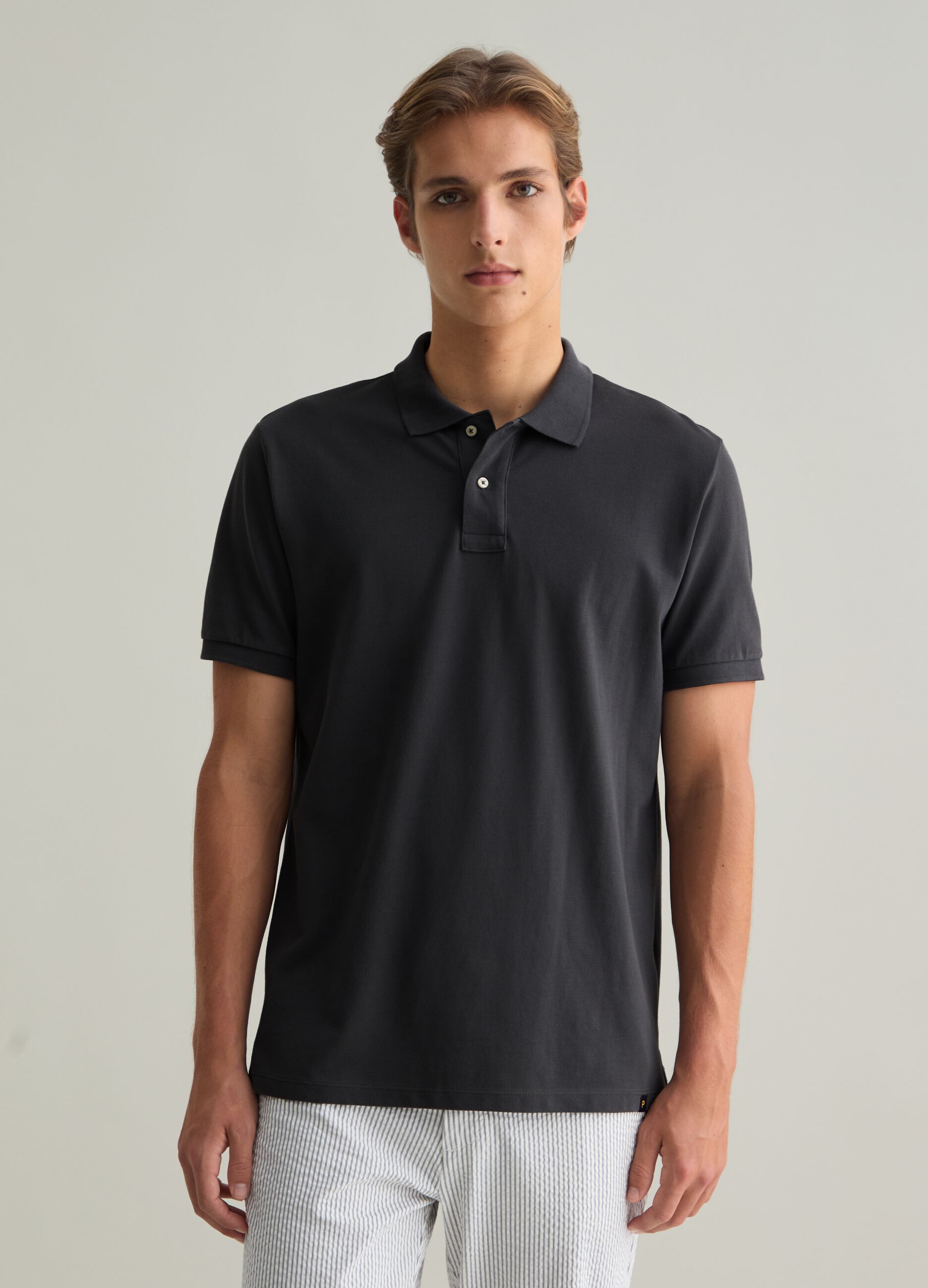 Short Sleeve Grey Polo in Cotton Piquet