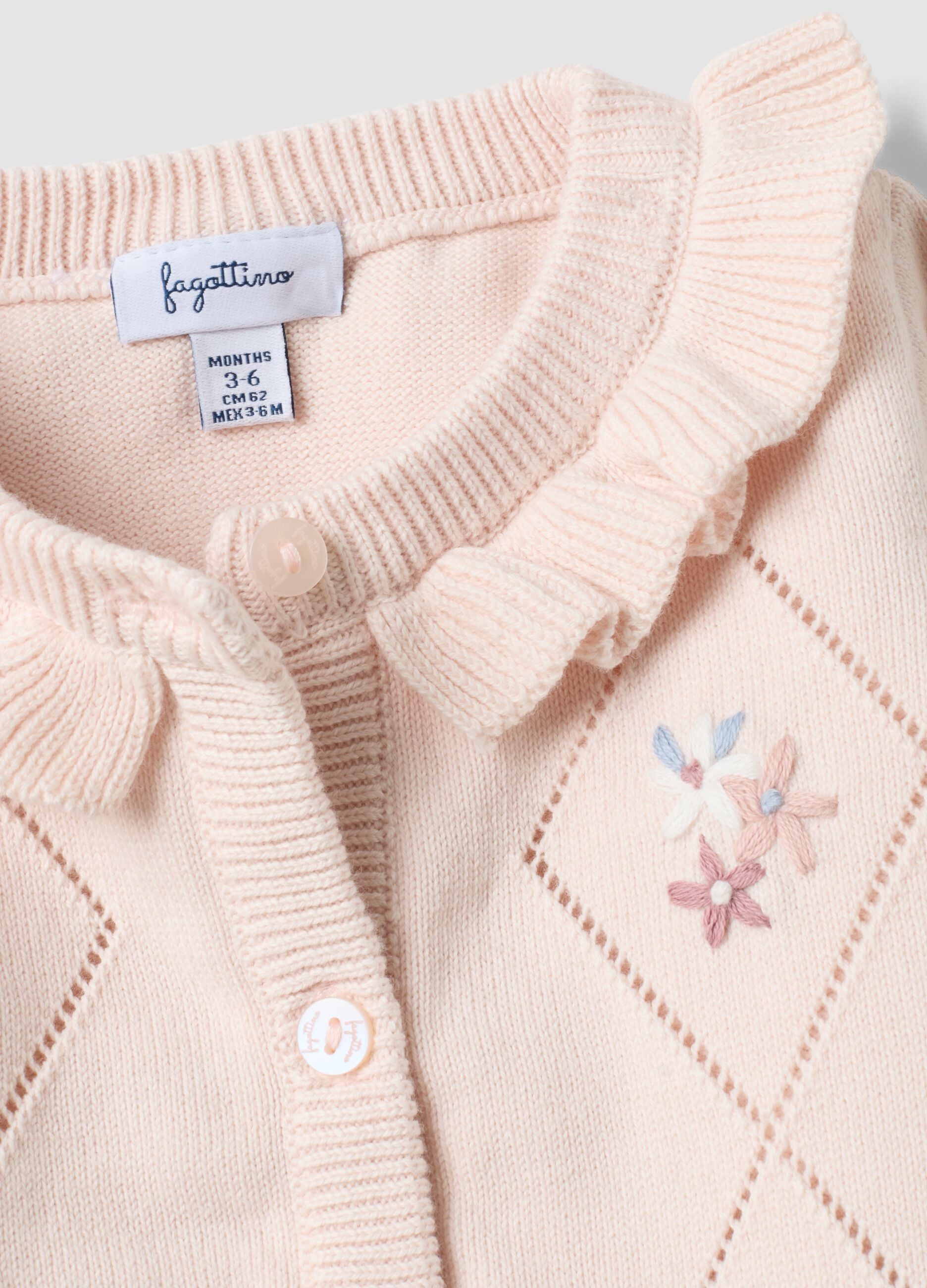 Pink pure organic cotton baby girl cardigan with ruffled collar