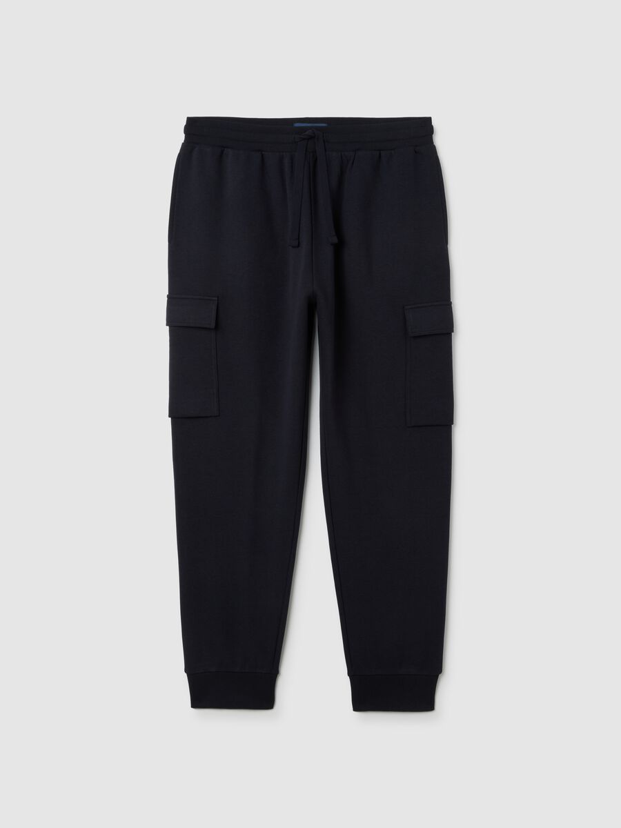 Pantaloni in misto cotone blu con tasche cargo_0