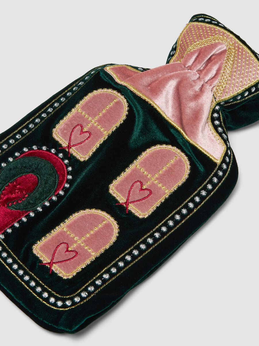 Borsa acqua calda verde e rosa con ricami decorativi_2