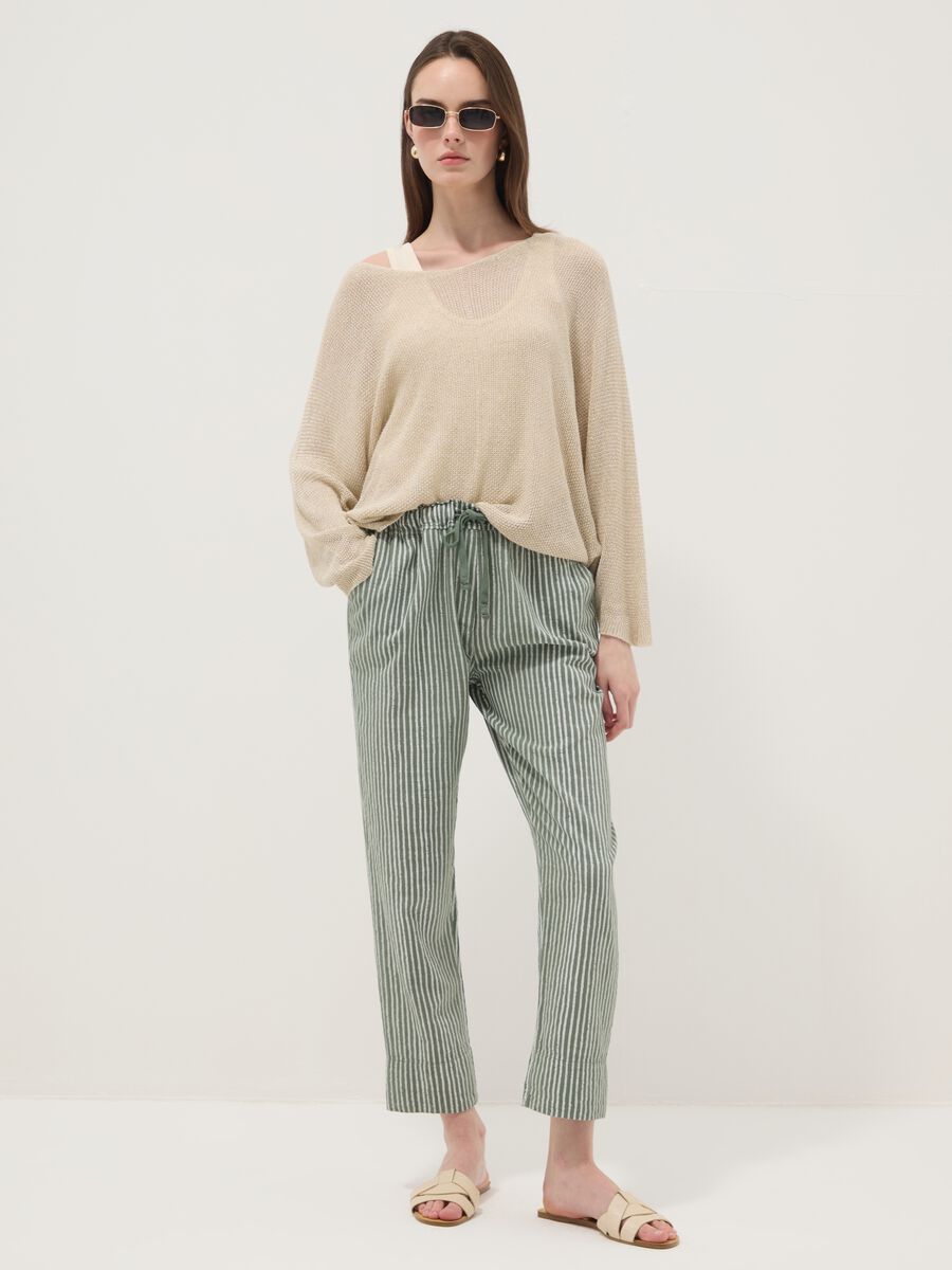 Green pure cotton striped regular-fit trousers_0